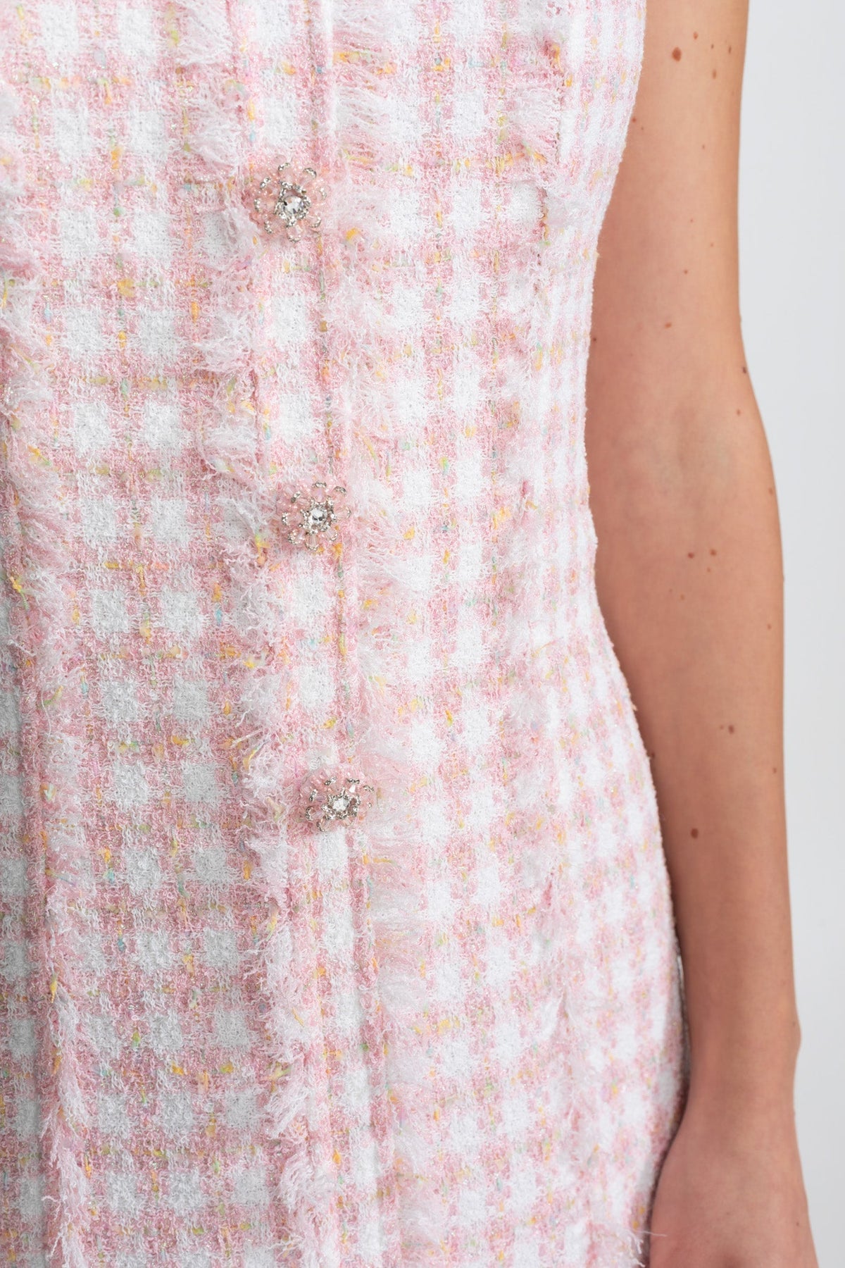 Sleeveless Square Neck Gingham Tweed Frayed Trim Pearl Mini Dress - View 3