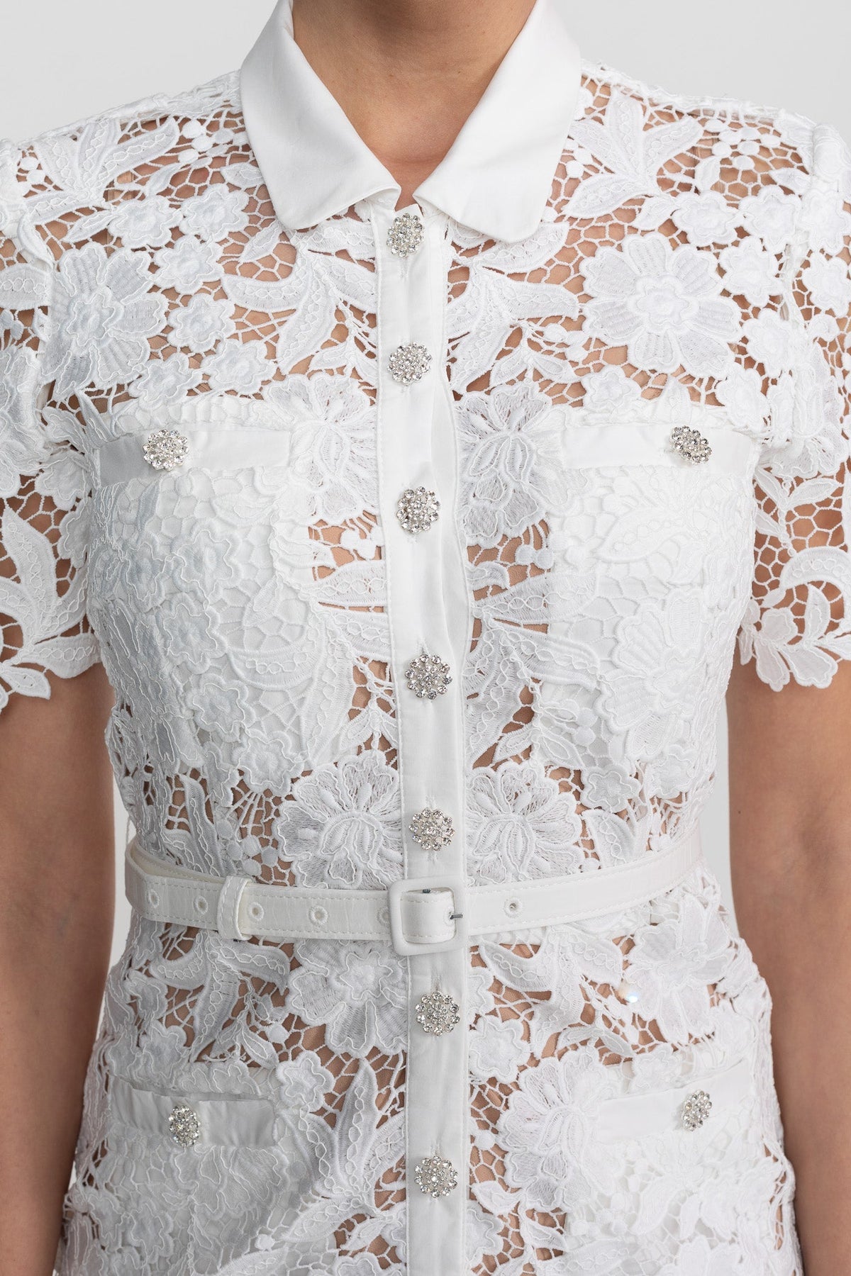 Lace Short Sleeve Midi Dress - White - View 7