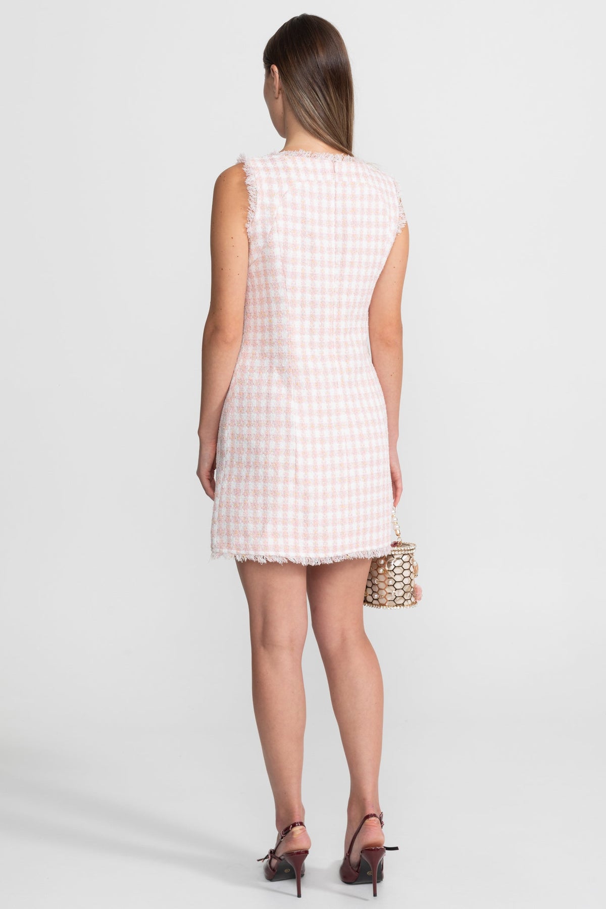 Sleeveless Square Neck Gingham Tweed Frayed Trim Pearl Mini Dress - View 6