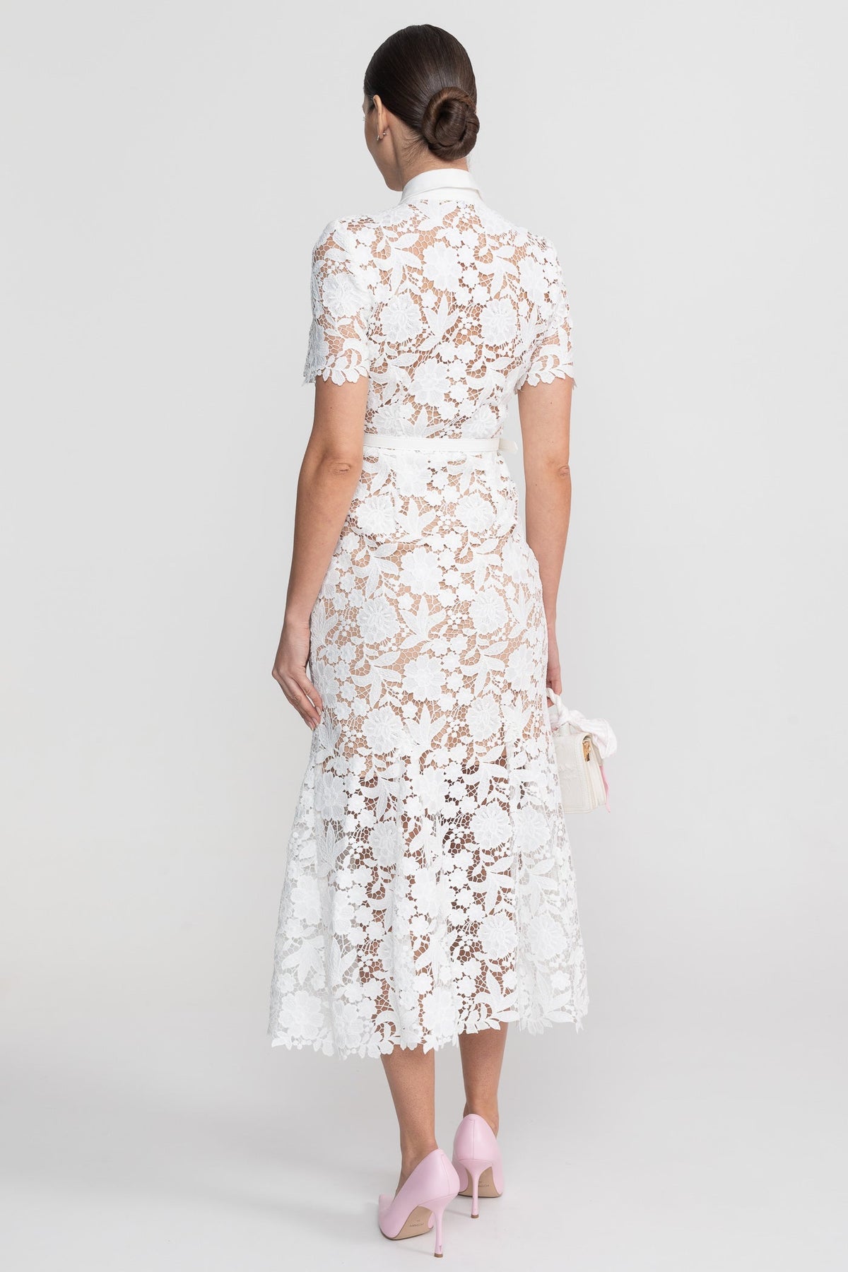 Lace Short Sleeve Midi Dress - White - View 9