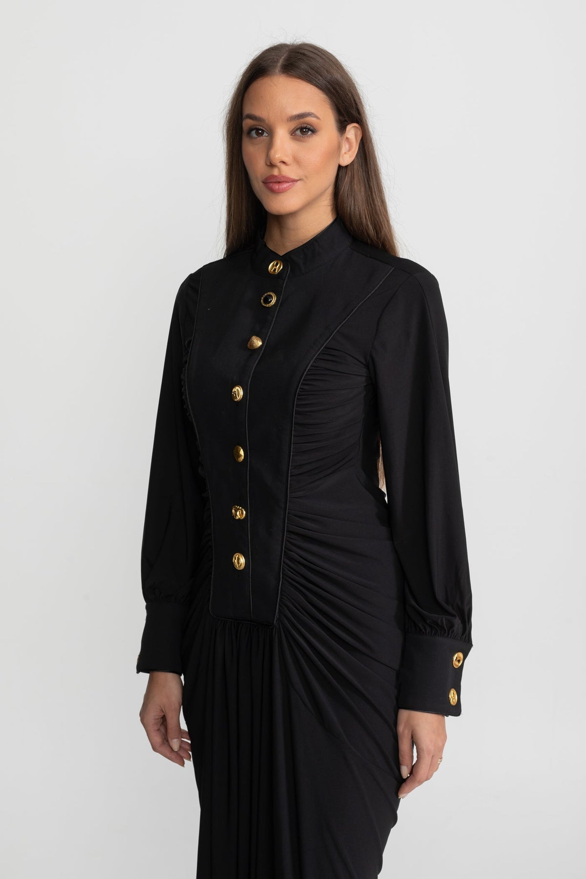 Ruched Maxi Gown Long Sleeve Mandarin Collar Metallic Button - View 2