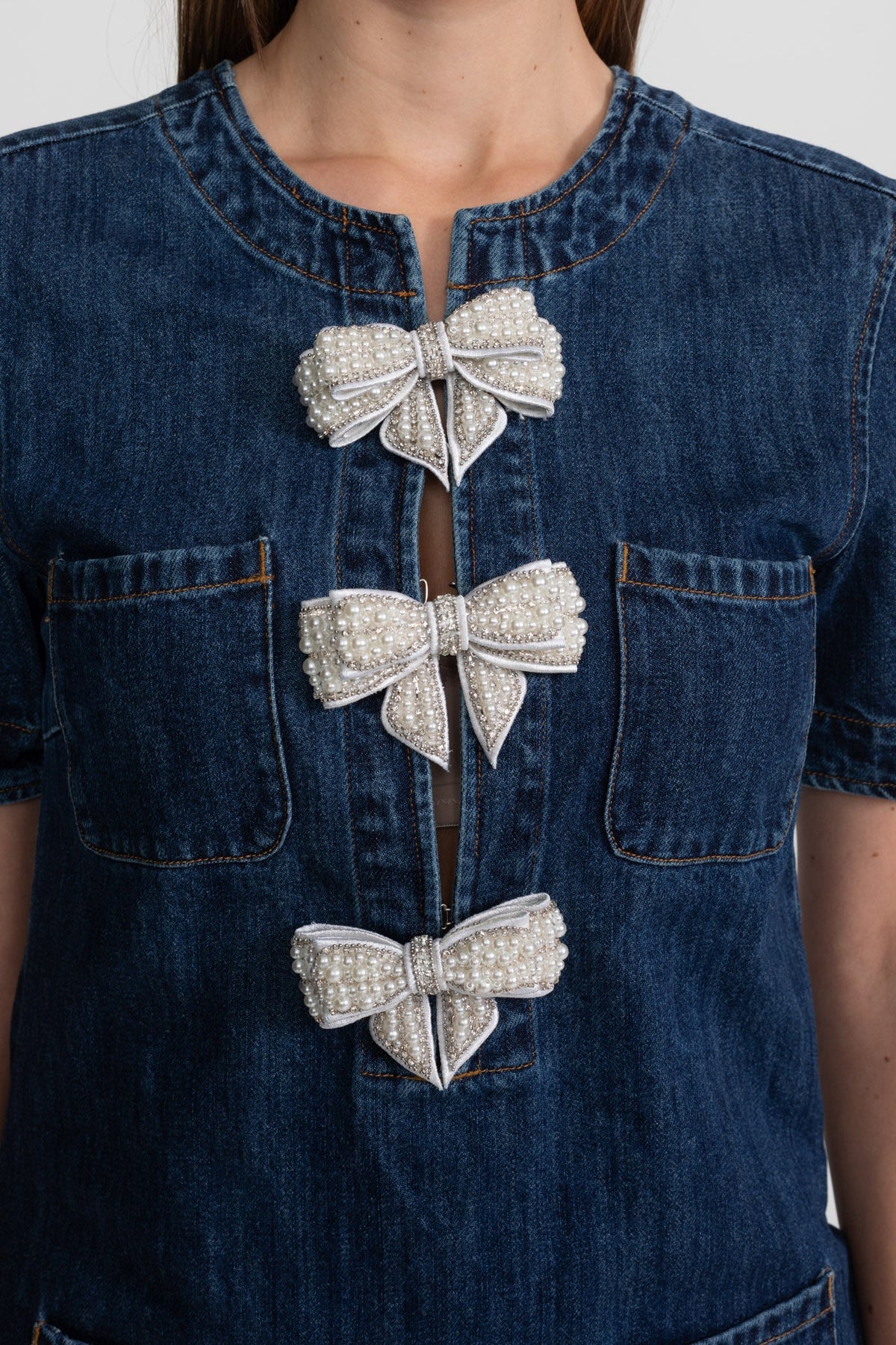Denim Short Sleeve Glitter Bow Pocket Mini Dress - View 3