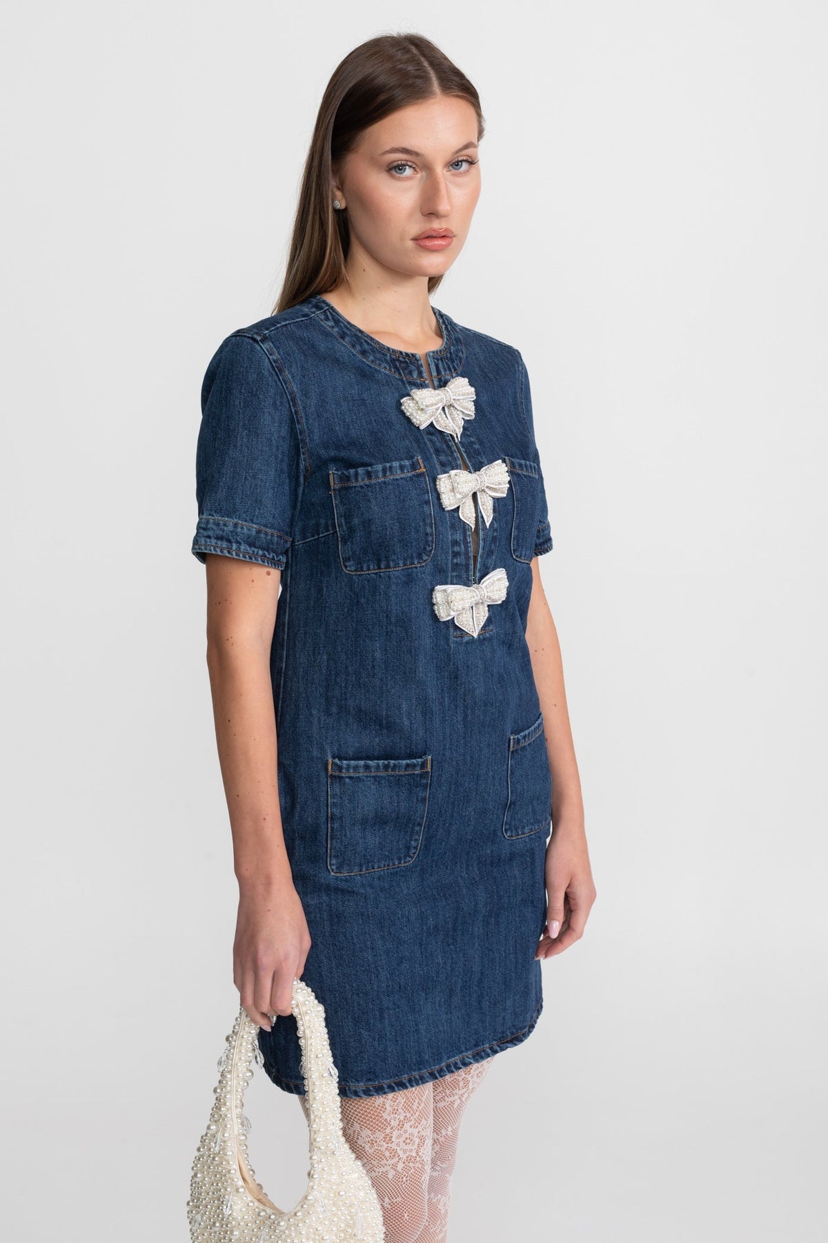 Denim Short Sleeve Glitter Bow Pocket Mini Dress - View 4