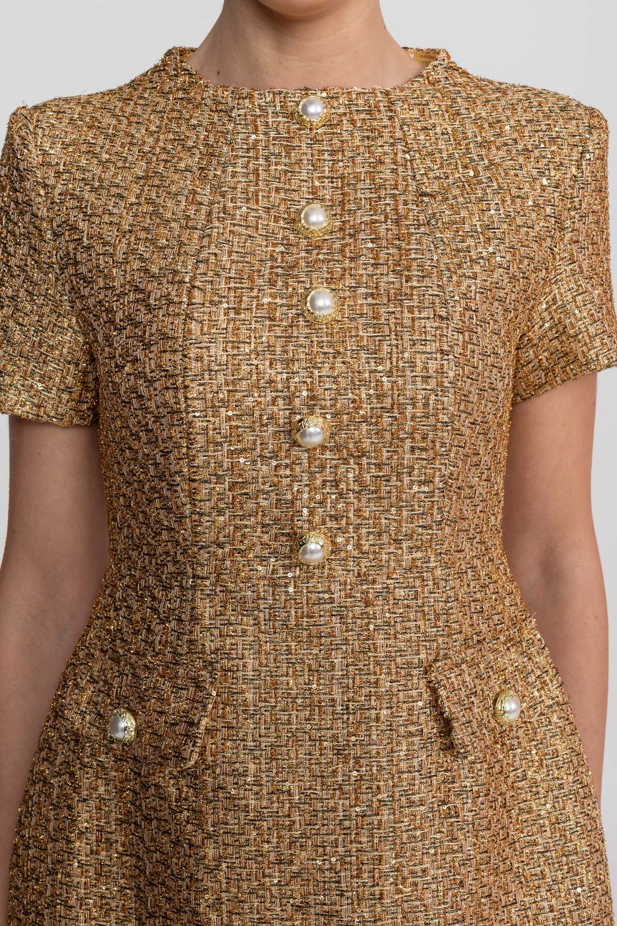 Tweed Mock Neck Short Sleeve Pearl Button A-Line Mini Dress - View 9