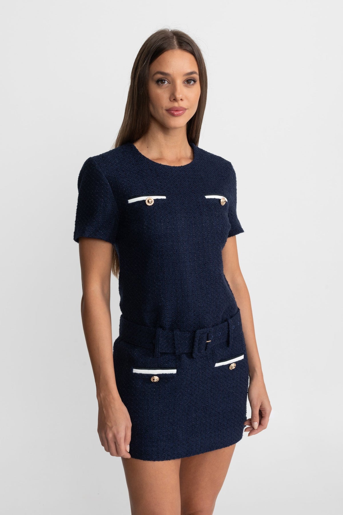 Short Sleeve Tweed Belted Contrast Trim Metallic Mini Dress - View 6