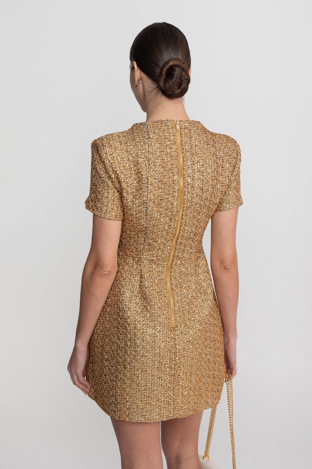 Tweed Mock Neck Short Sleeve Pearl Button A-Line Mini Dress - View 8