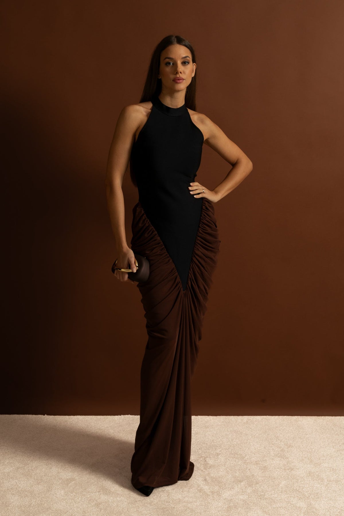 Halter Maxi Dress with  Contrasting Ruched Paneling - Black/Brown - View 8