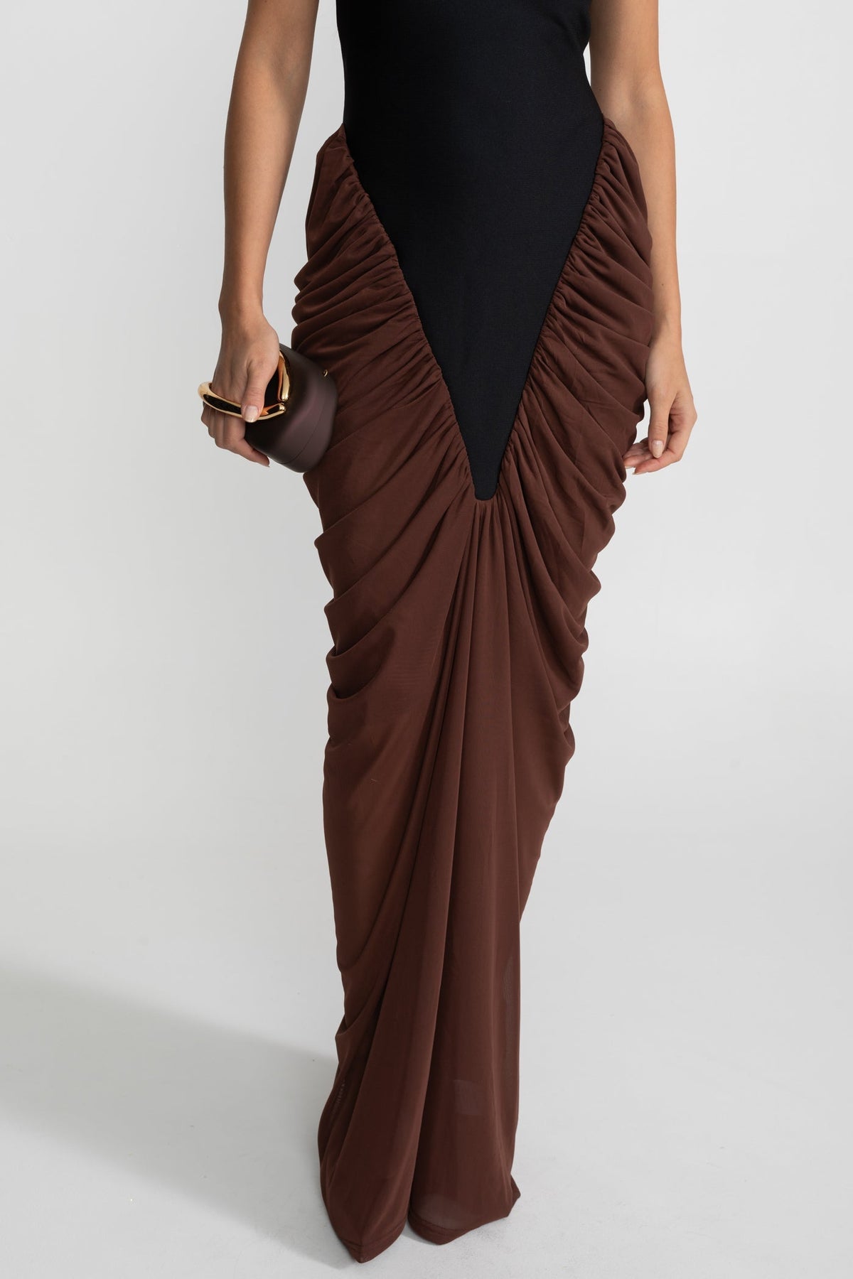 Halter Maxi Dress with  Contrasting Ruched Paneling - Black/Brown - View 7