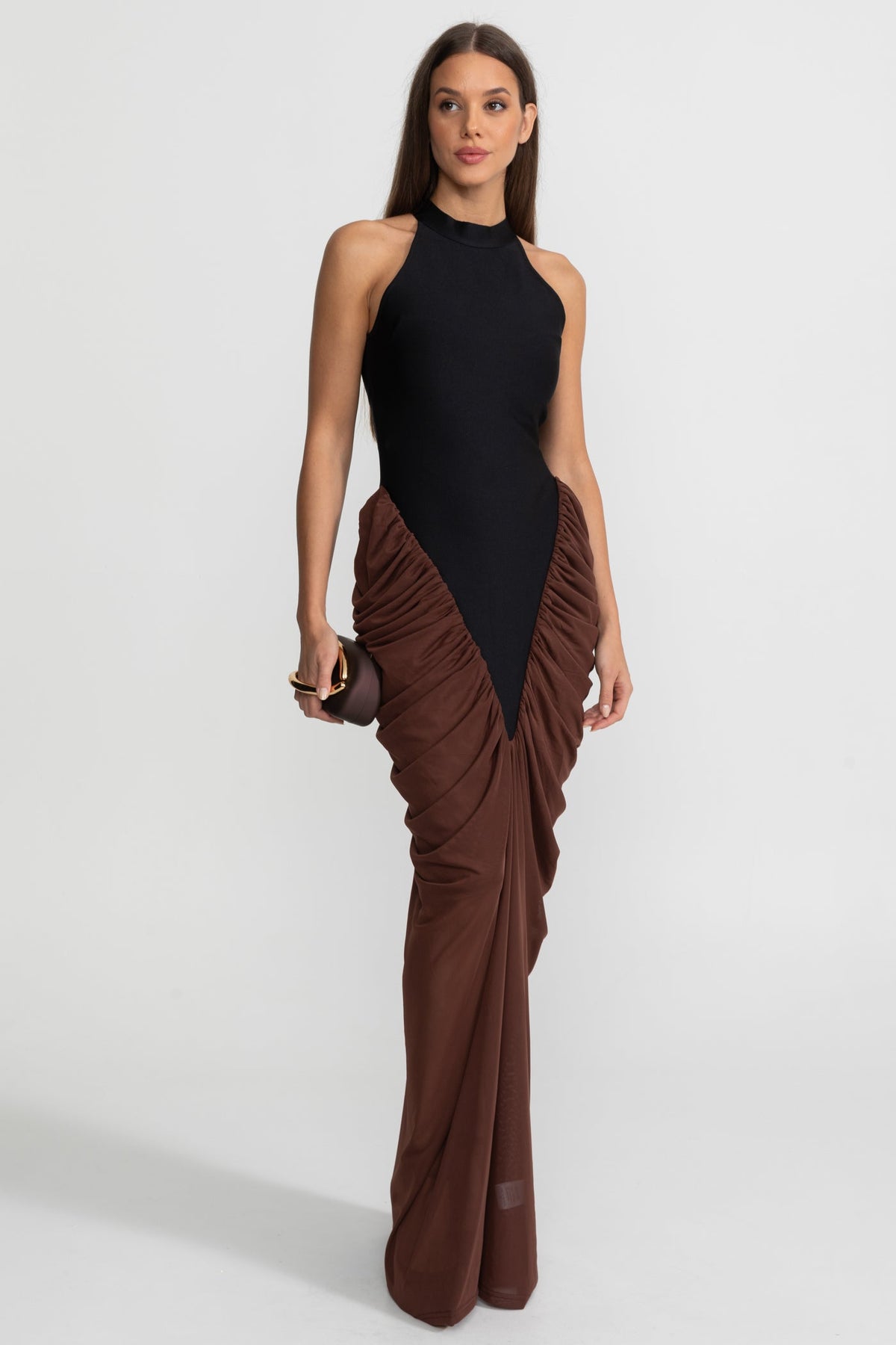 Halter Maxi Dress with  Contrasting Ruched Paneling - Black/Brown - View 3
