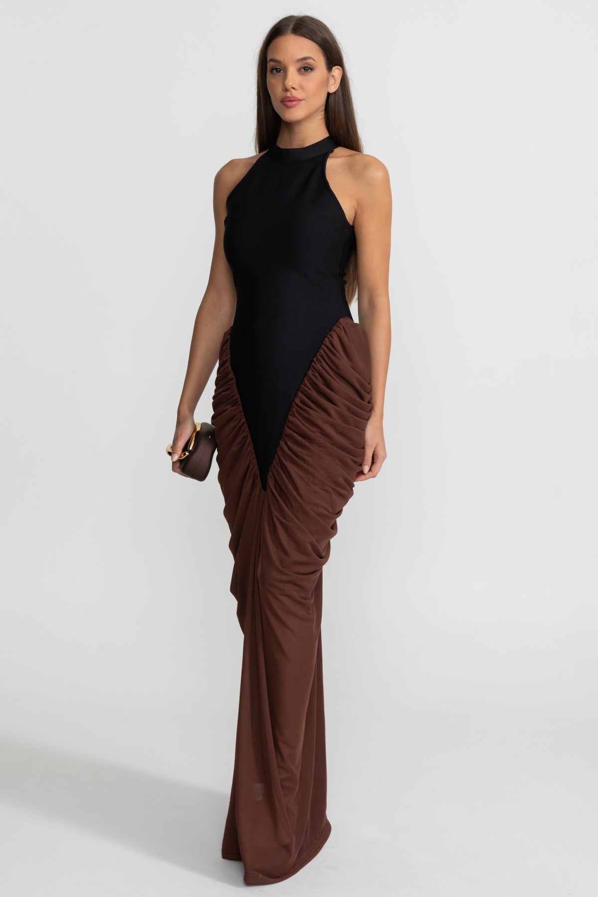Halter Maxi Dress with  Contrasting Ruched Paneling - Black/Brown - View 4