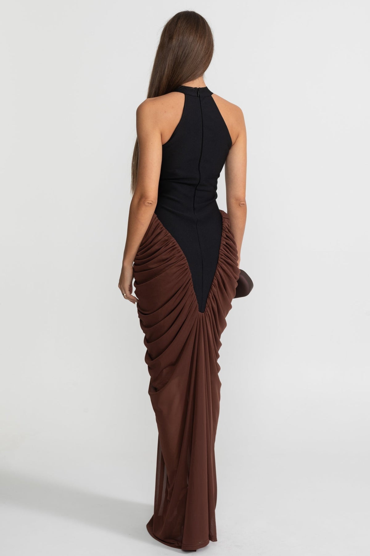 Halter Maxi Dress with  Contrasting Ruched Paneling - Black/Brown - View 2