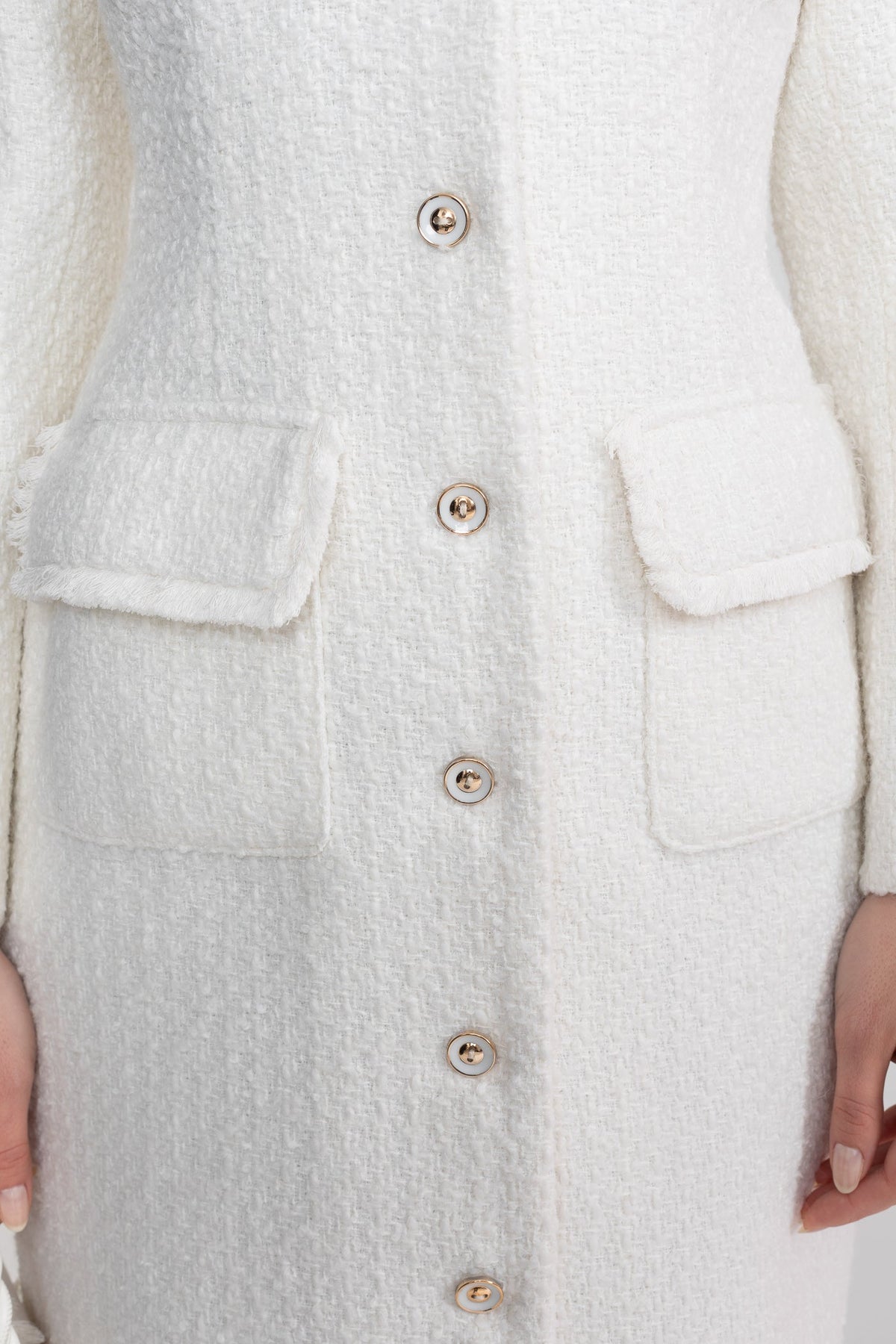Boucle Long Sleeve Notched Collar Button Front Patch Pocket Midi Dress - View 7