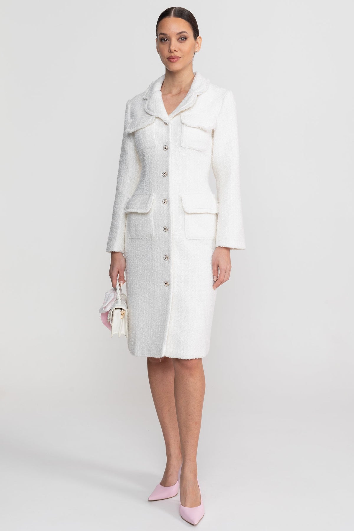 Boucle Long Sleeve Notched Collar Button Front Patch Pocket Midi Dress - View 4