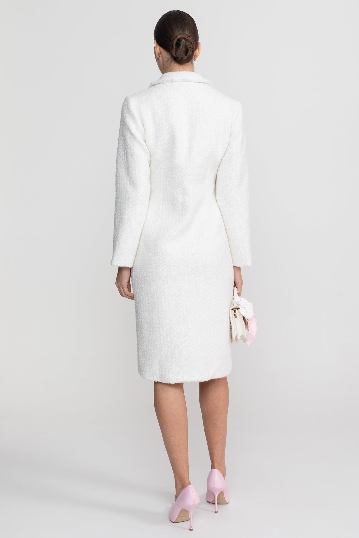 Boucle Long Sleeve Notched Collar Button Front Patch Pocket Midi Dress - View 10