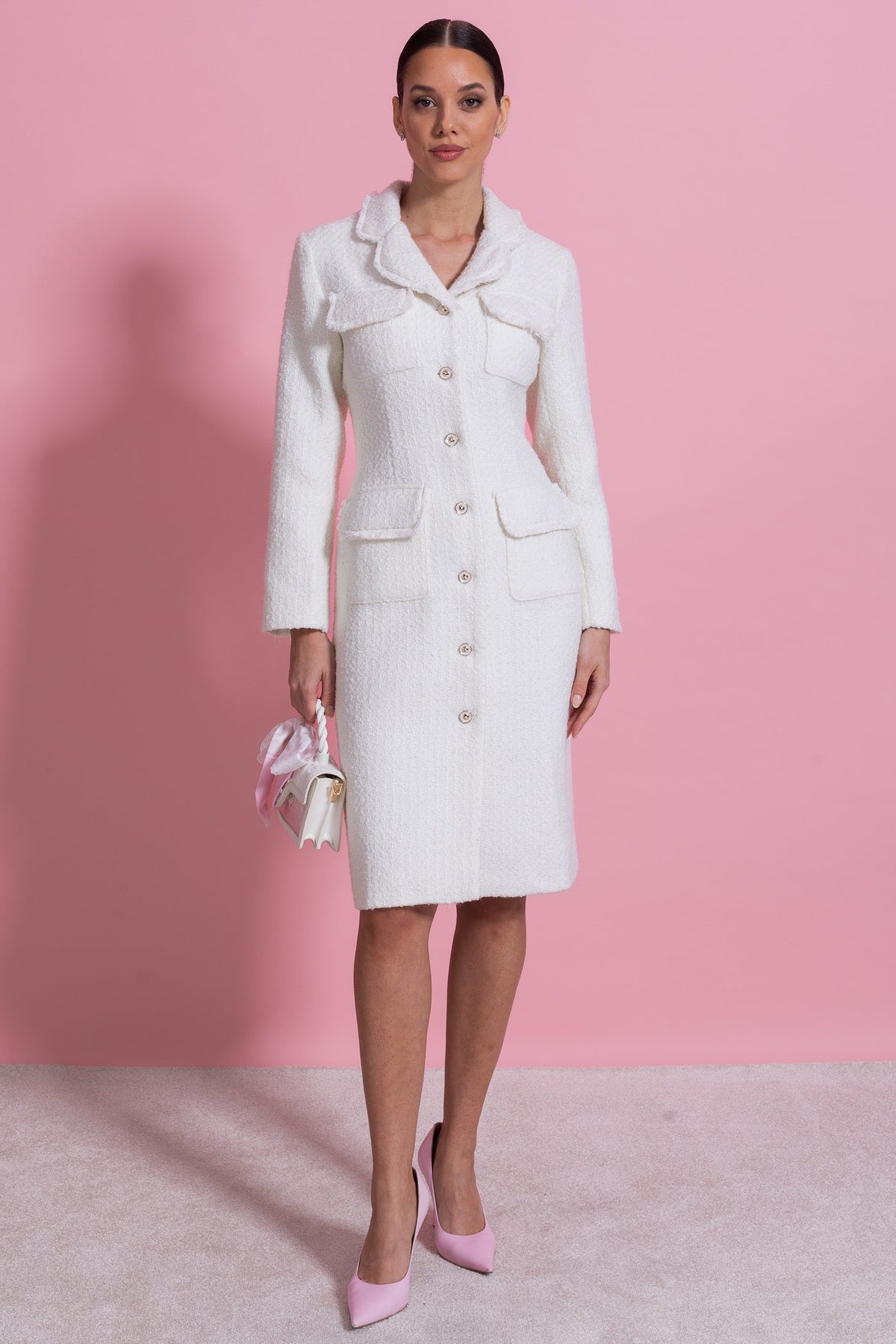 Boucle Long Sleeve Notched Collar Button Front Patch Pocket Midi Dress - View 5