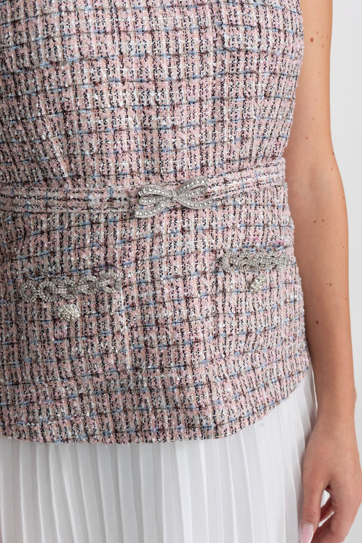 Tweed Mini Dress Collar Rhinestone Bow Belt Pleated Skirt - View 4