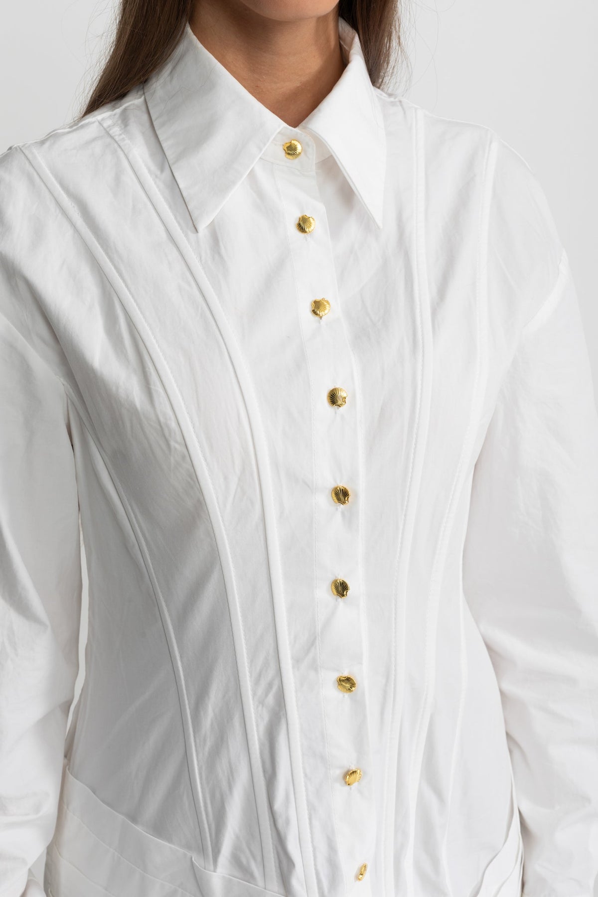 Structured Metallic Button Pintuck Long Sleeve Mini Shirt Dress - View 5