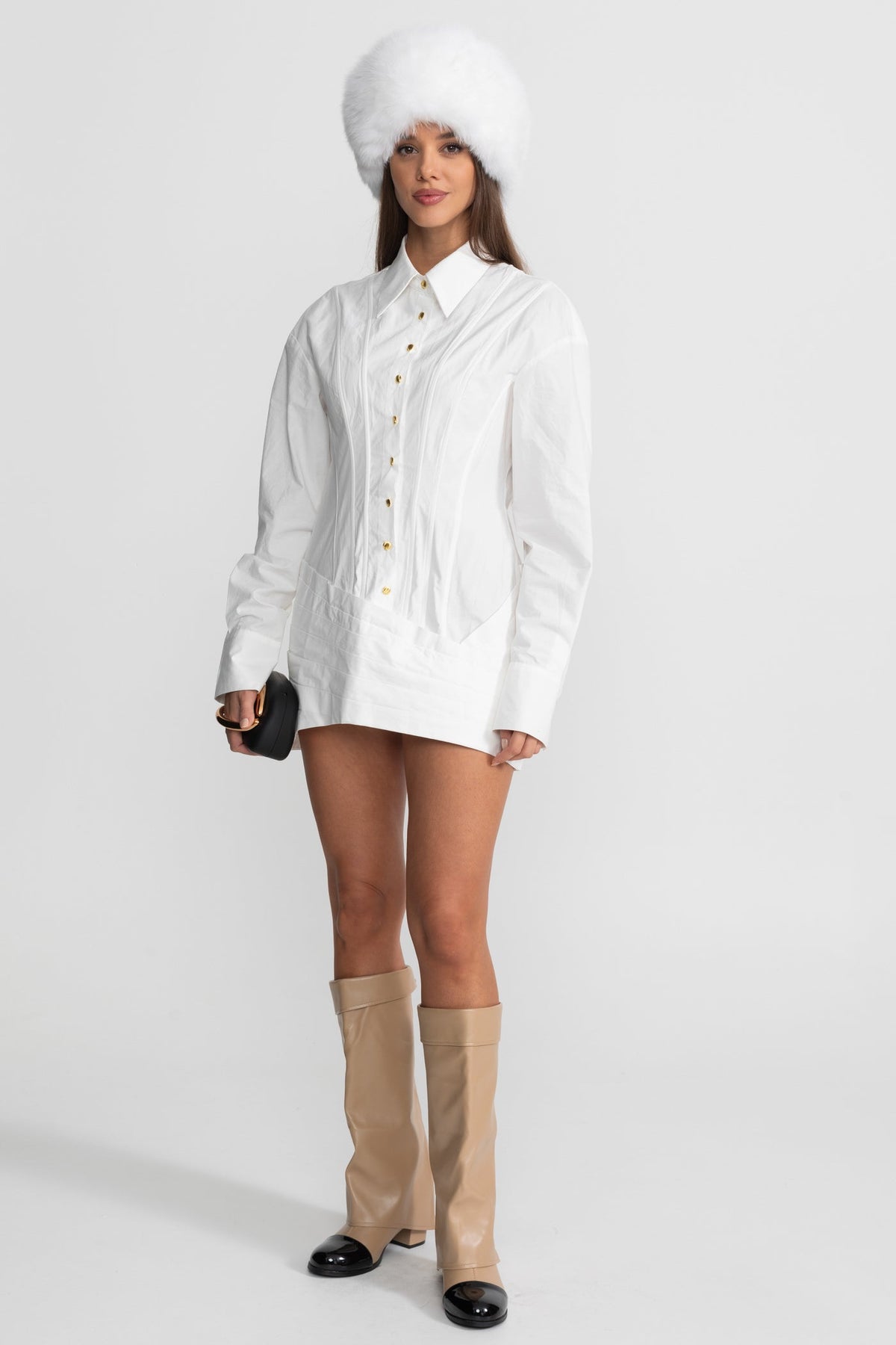 Structured Metallic Button Pintuck Long Sleeve Mini Shirt Dress - View 4