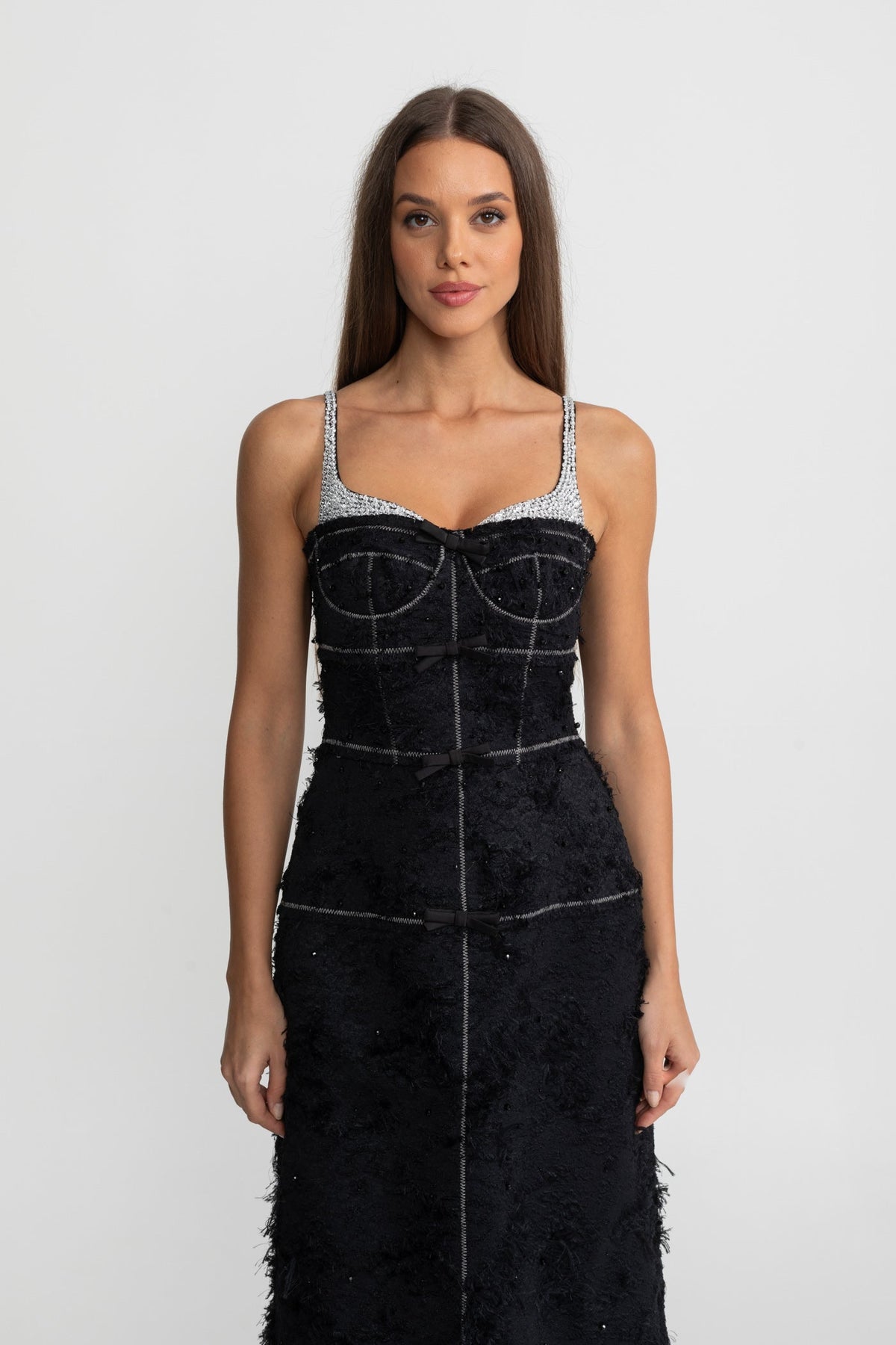 Tweed Sweetheart Corset Bodice Contrast Stitch Beaded Midi Dress - View 3