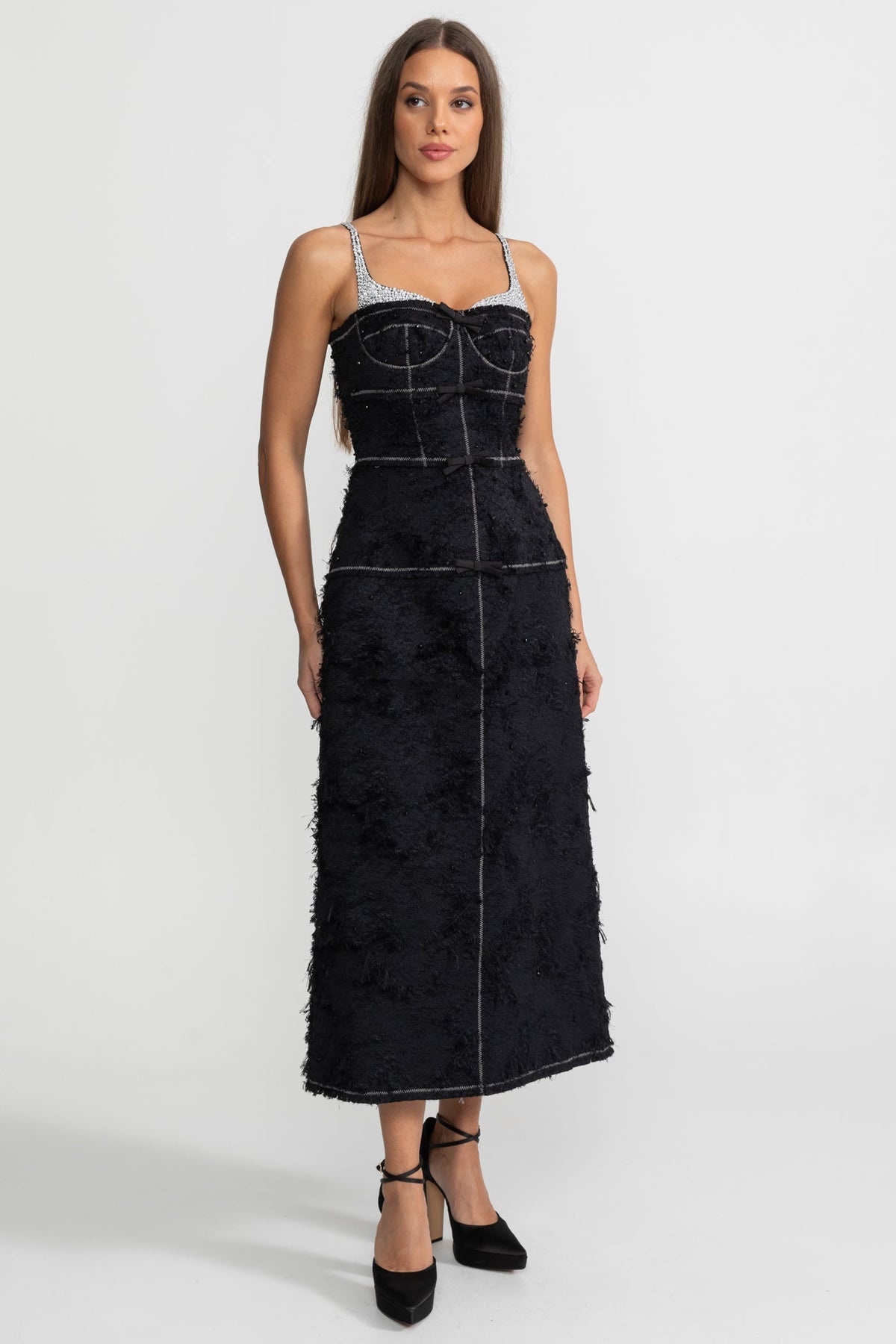 Tweed Sweetheart Corset Bodice Contrast Stitch Beaded Midi Dress - View 2