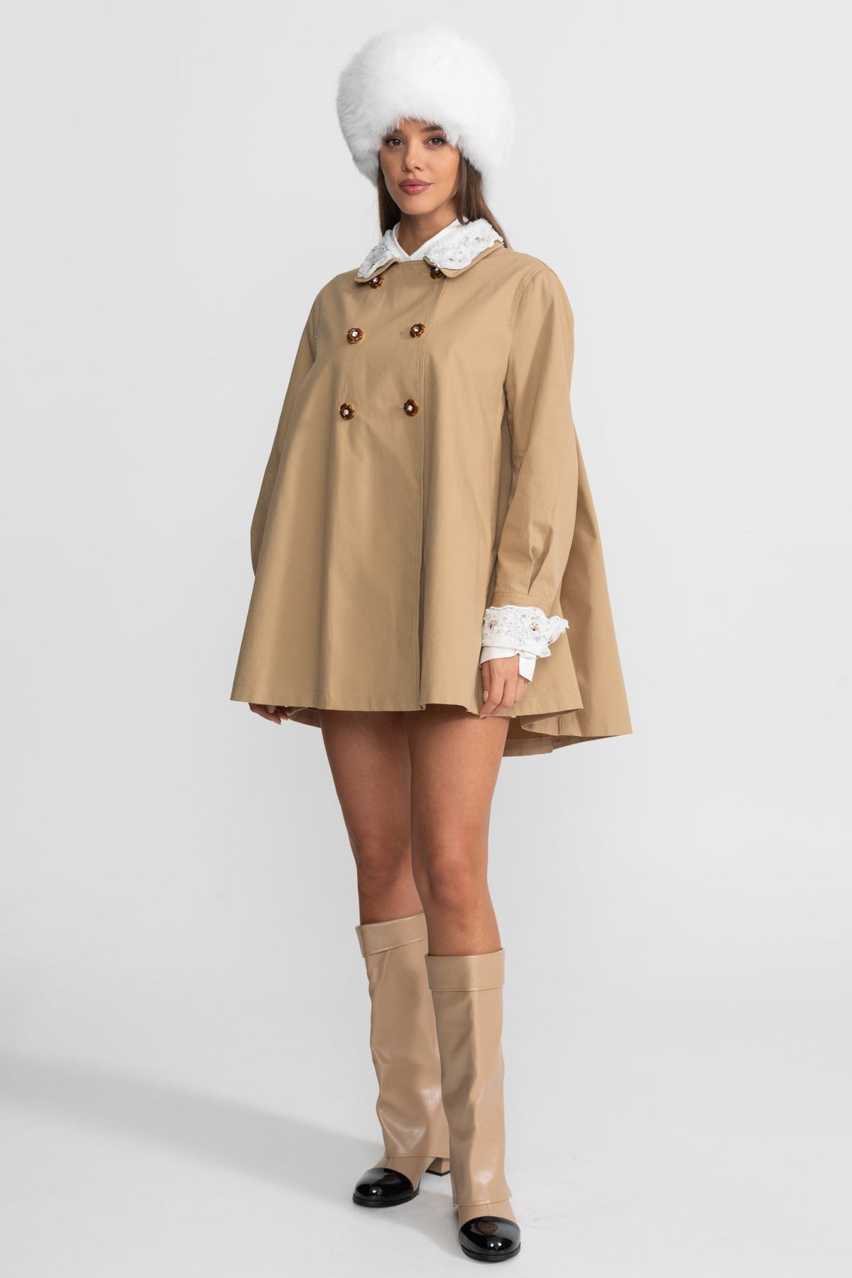 A-Line Trench Mini Dress With Embroidered Collar – Camel