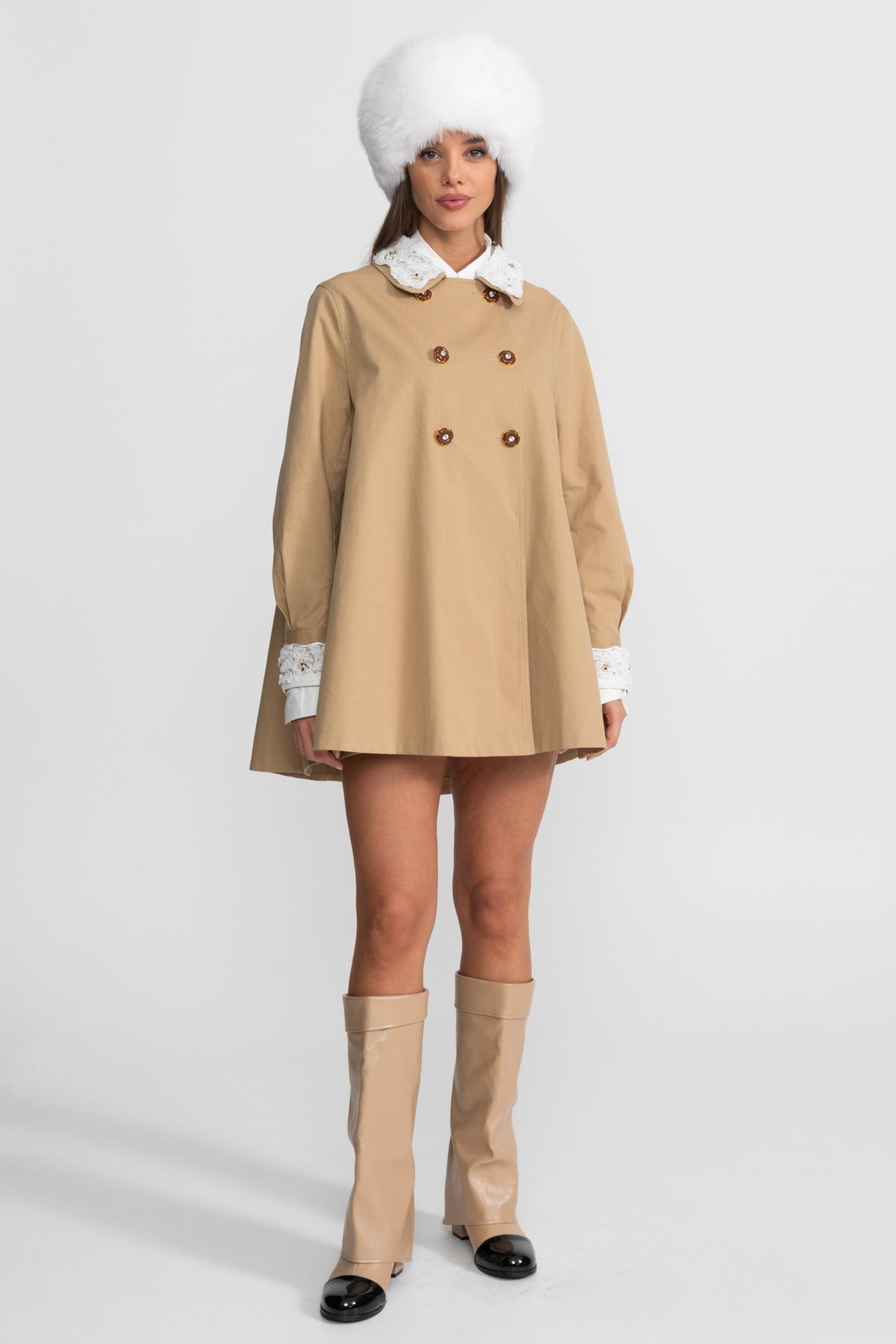 A-Line Trench Mini Dress With Embroidered Collar – Camel - View 2