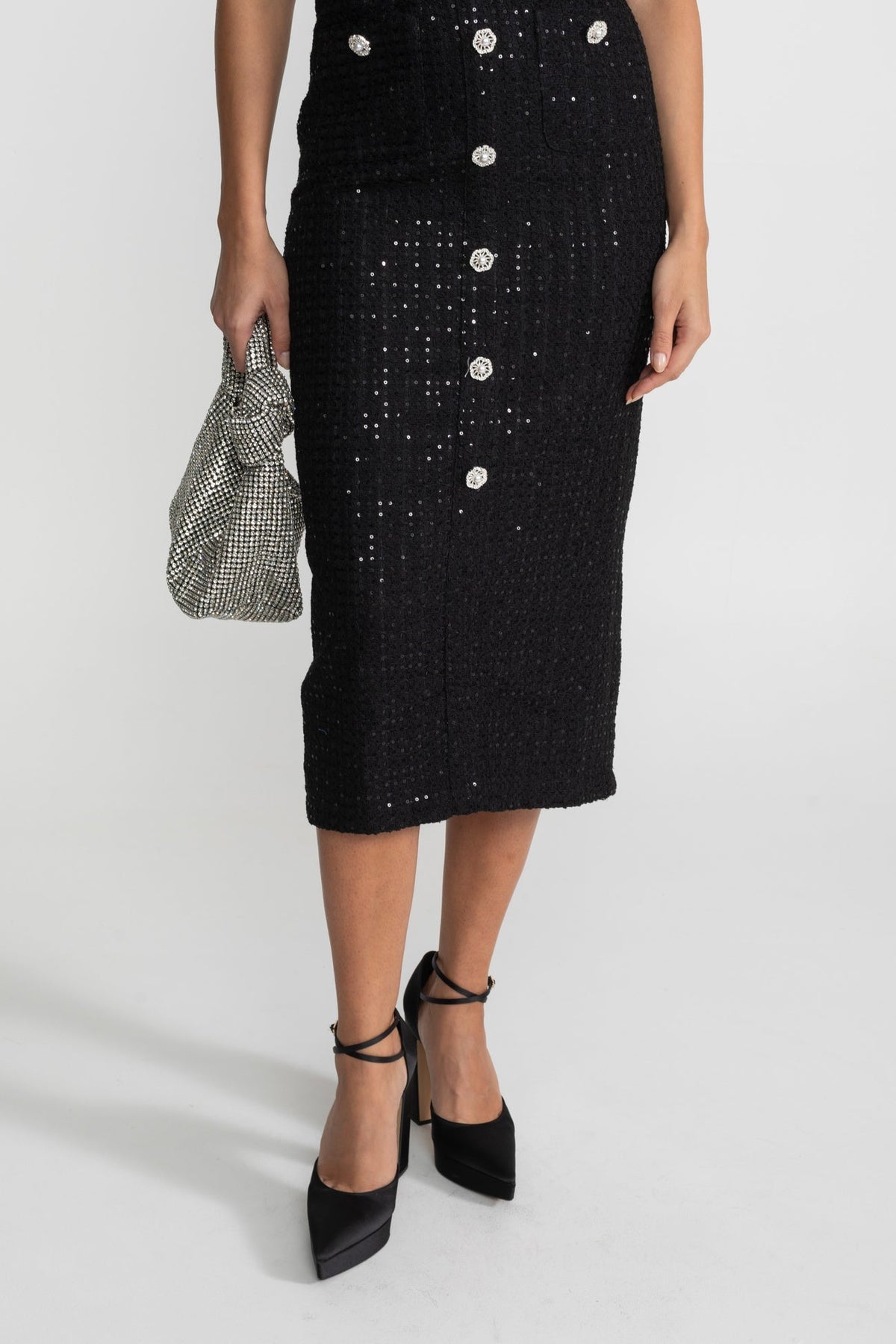 Sequin Midi Dress With Crystal Buttons and Lace Trim – Black - View 5