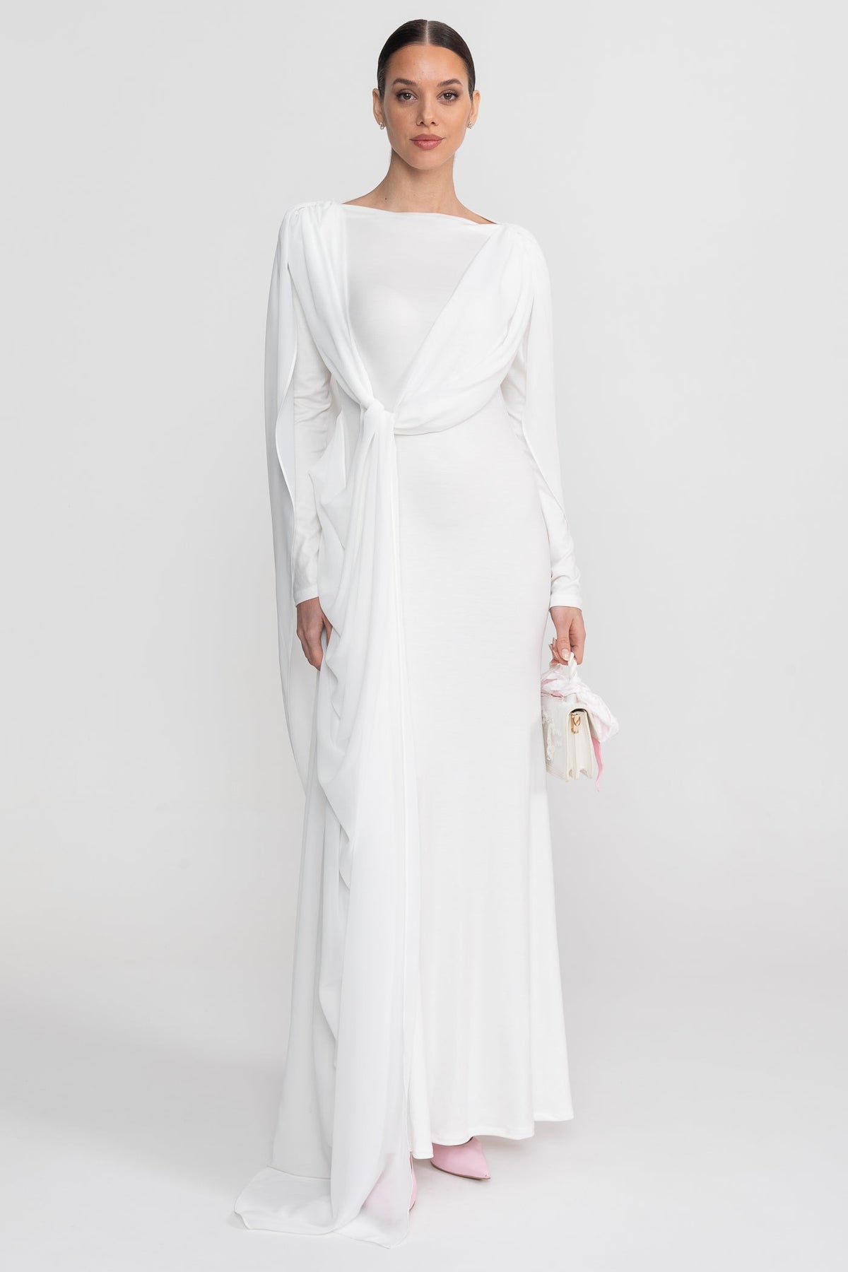 Draped Long Sleeve Maxi Dress - White - View 7