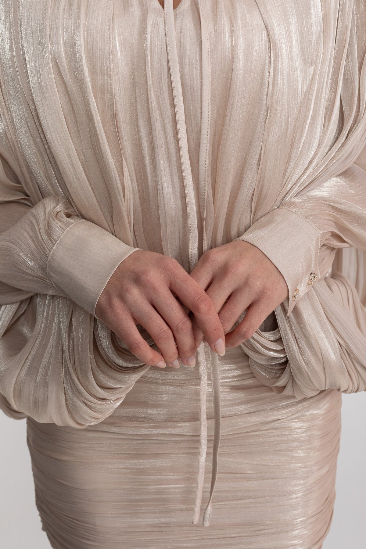 Draped Long Sleeve Mini Dress With Batwing Sleeves - Champagne - View 7