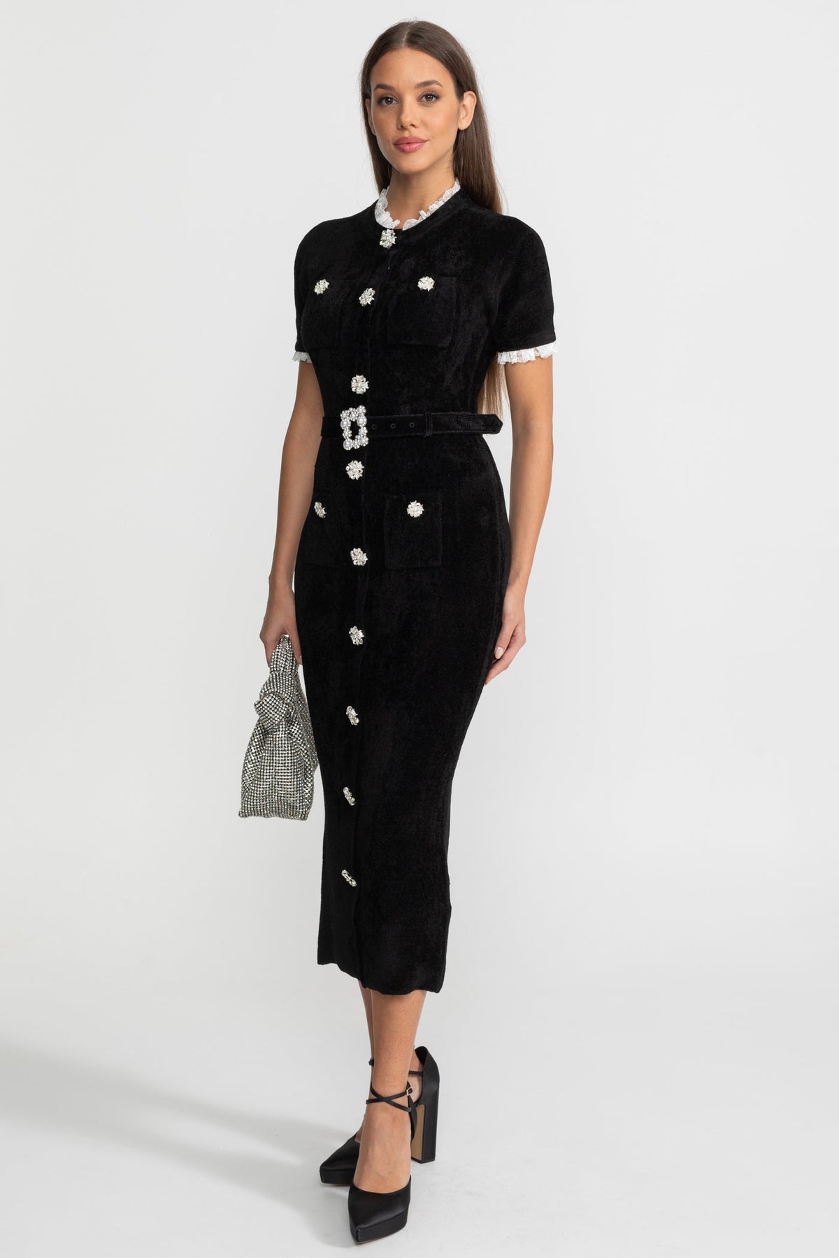 Elegant Midi Dress With Crystal Buttons and Lace Trim – Black - View 4