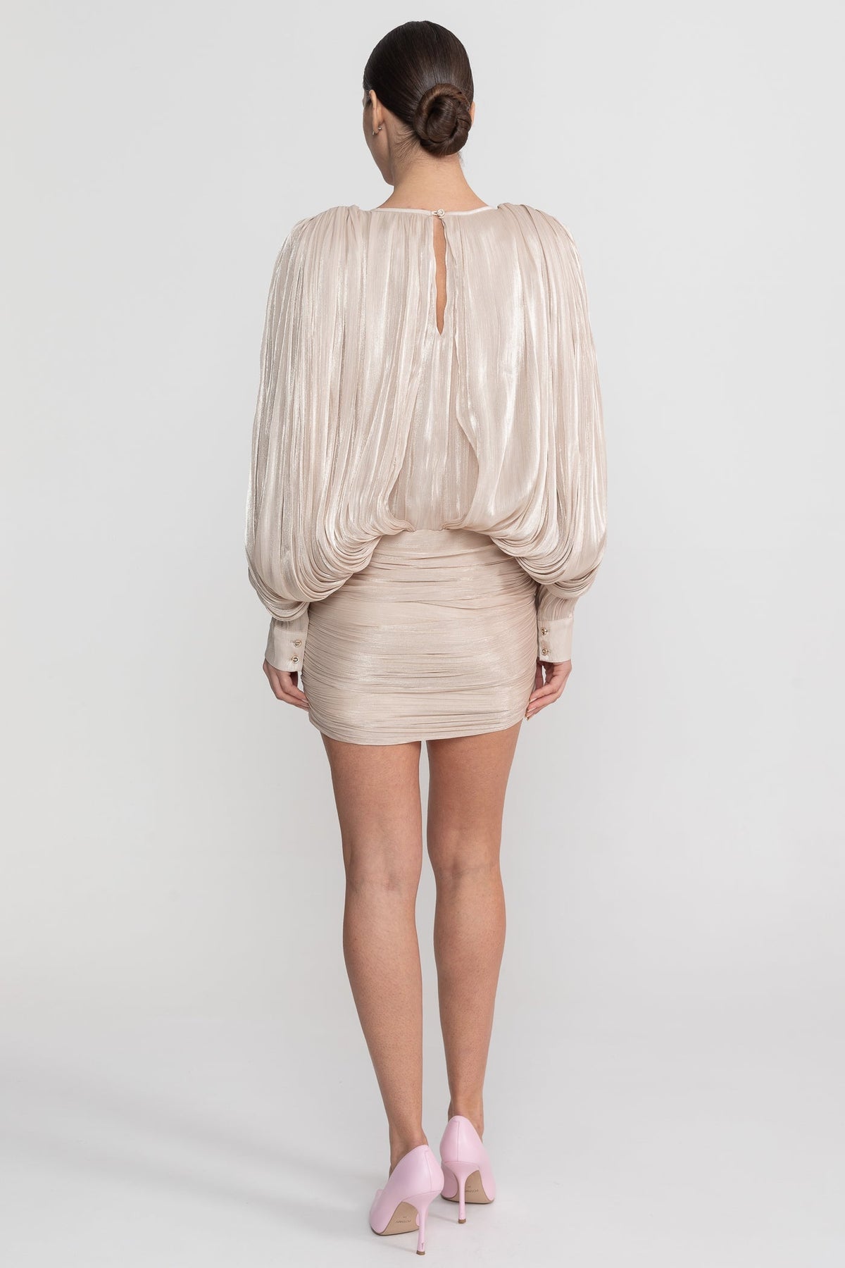 Draped Long Sleeve Mini Dress With Batwing Sleeves - Champagne - View 9