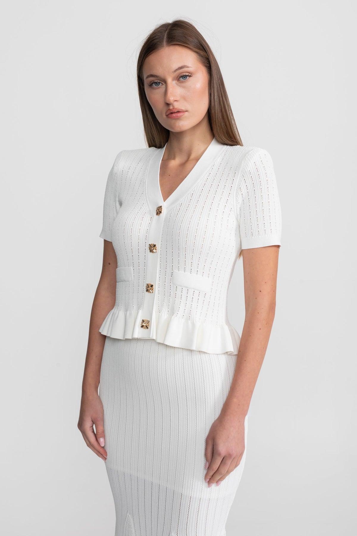 Knit Midi Co-Ord with Peplum Waist and Gold Buttons  – White - View 5
