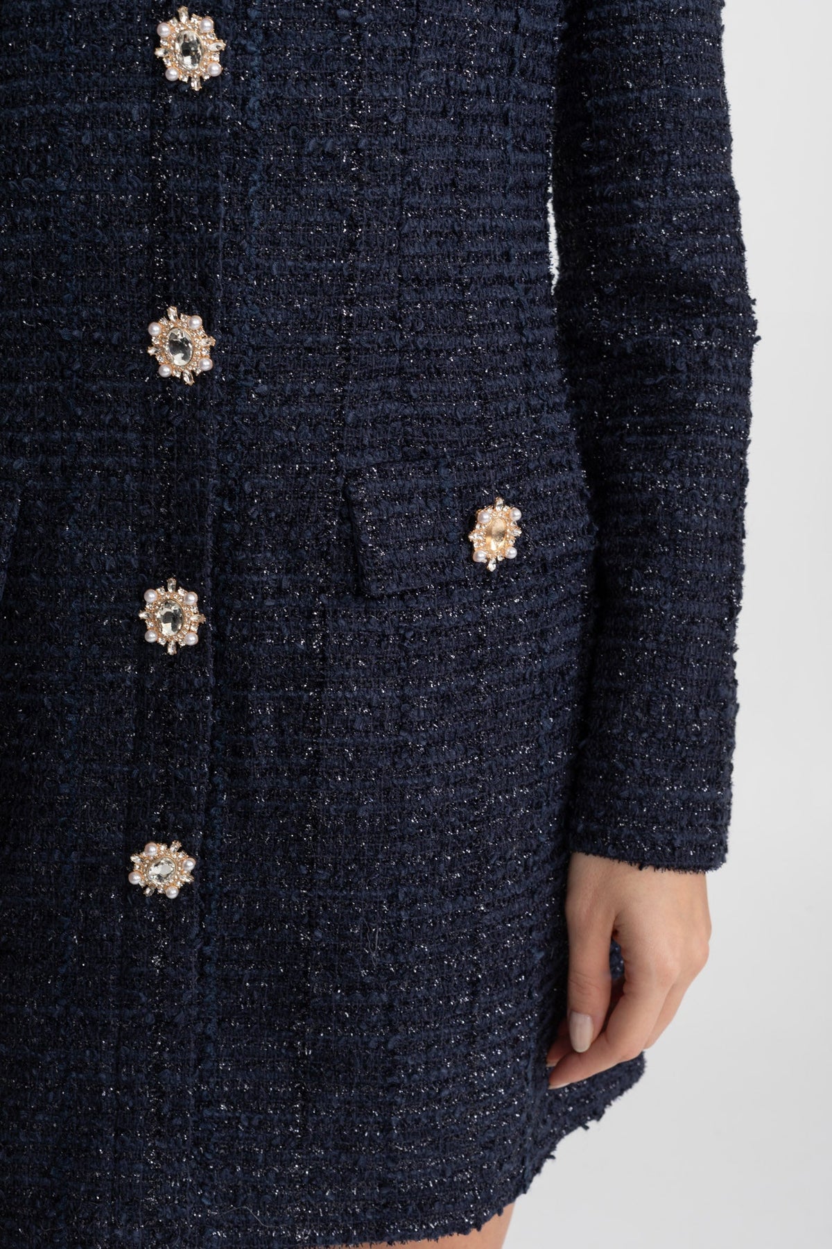 Tweed Long Sleeve Rhinestone Flower Button Flap Shift Mini Dress - View 6