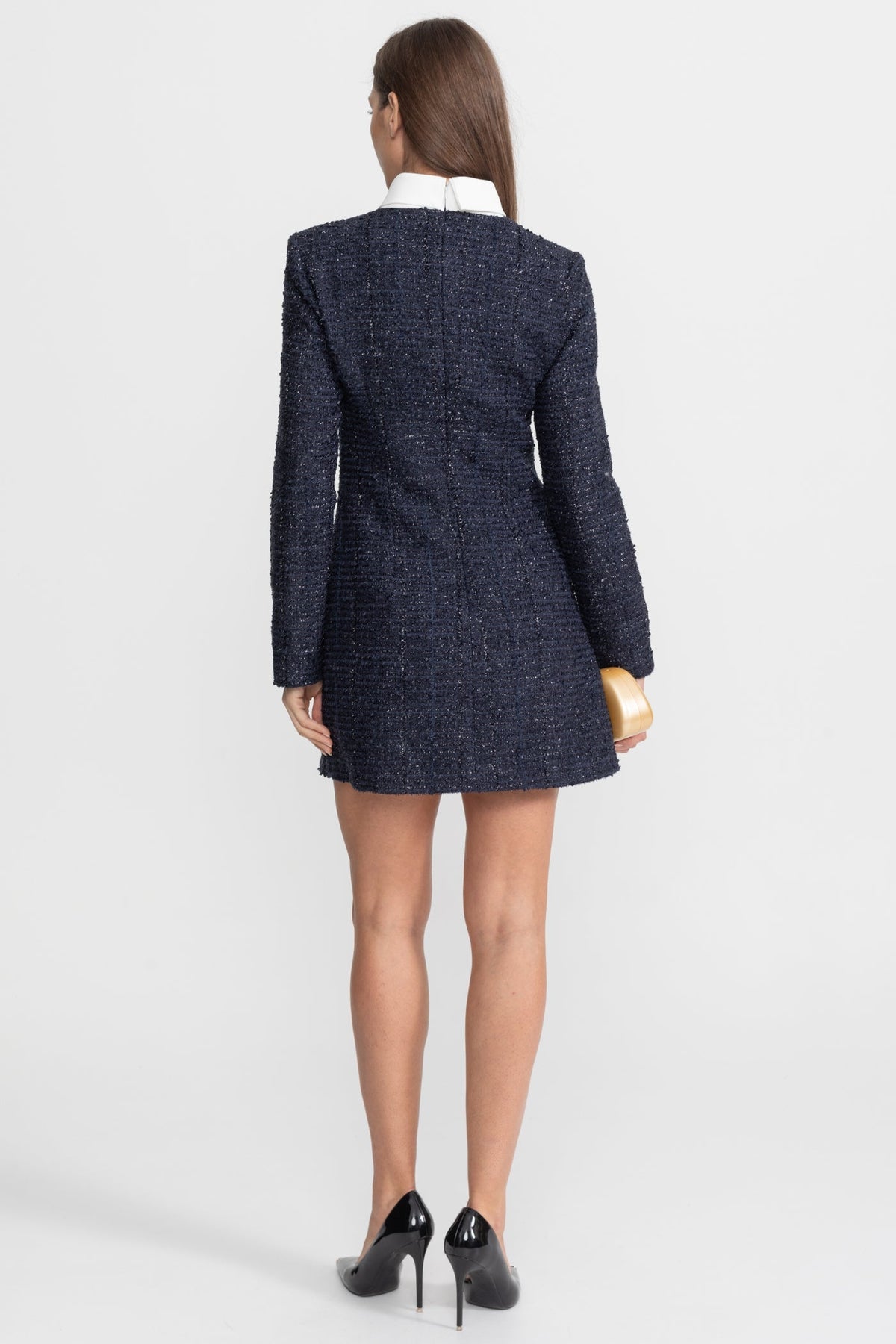 Tweed Long Sleeve Rhinestone Flower Button Flap Shift Mini Dress - View 7