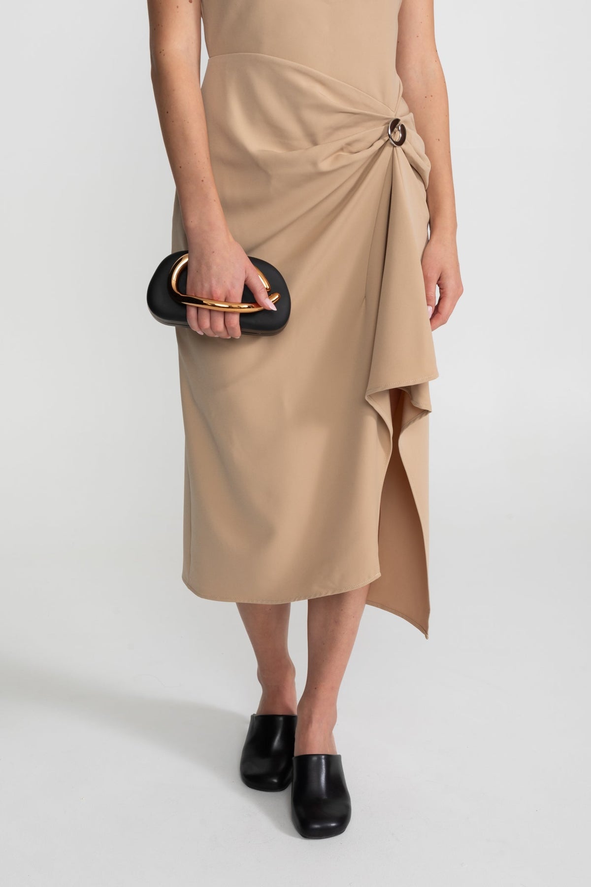 Draped Halter Midi Dress With Asymmetric Drape Detail – Nude - View 5