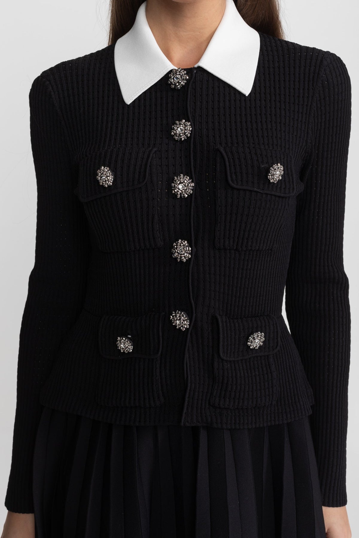 Ribbed Knit Mini Dress with Contrast Collar and Pleated Skirt – Black - View 5
