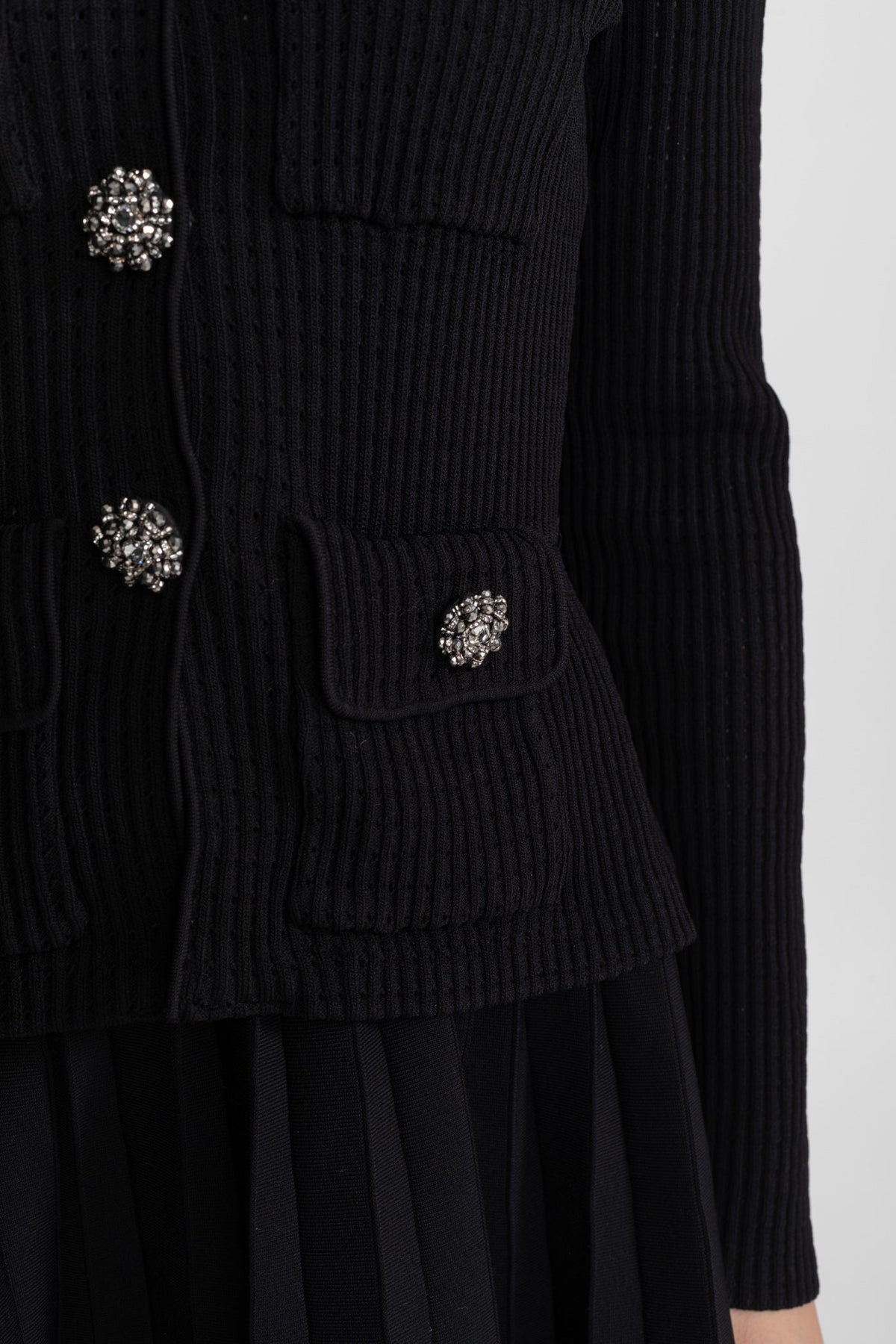 Ribbed Knit Mini Dress with Contrast Collar and Pleated Skirt – Black - View 7