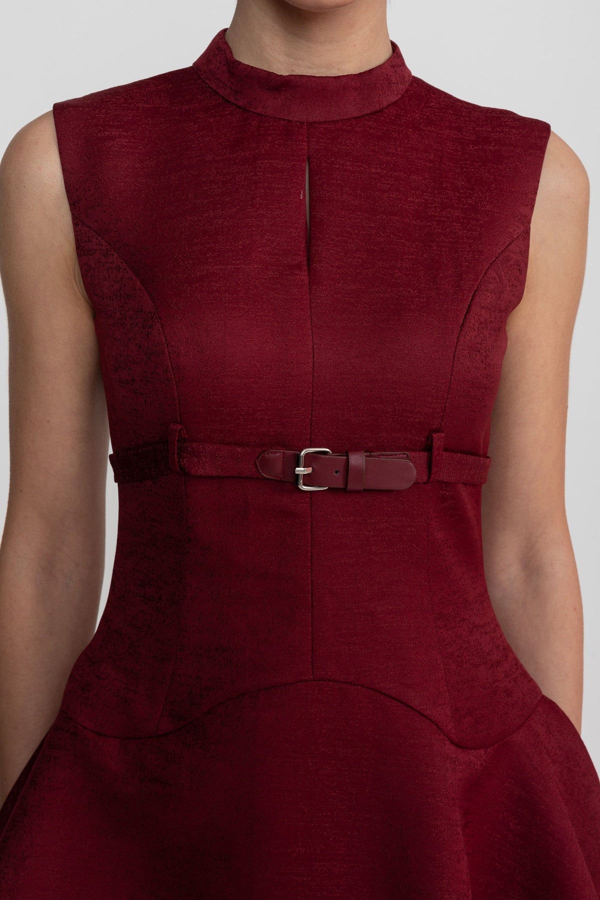 Structured Sleeveless Mock Neck Keyhole Belted A-Line Mini Dress - View 9