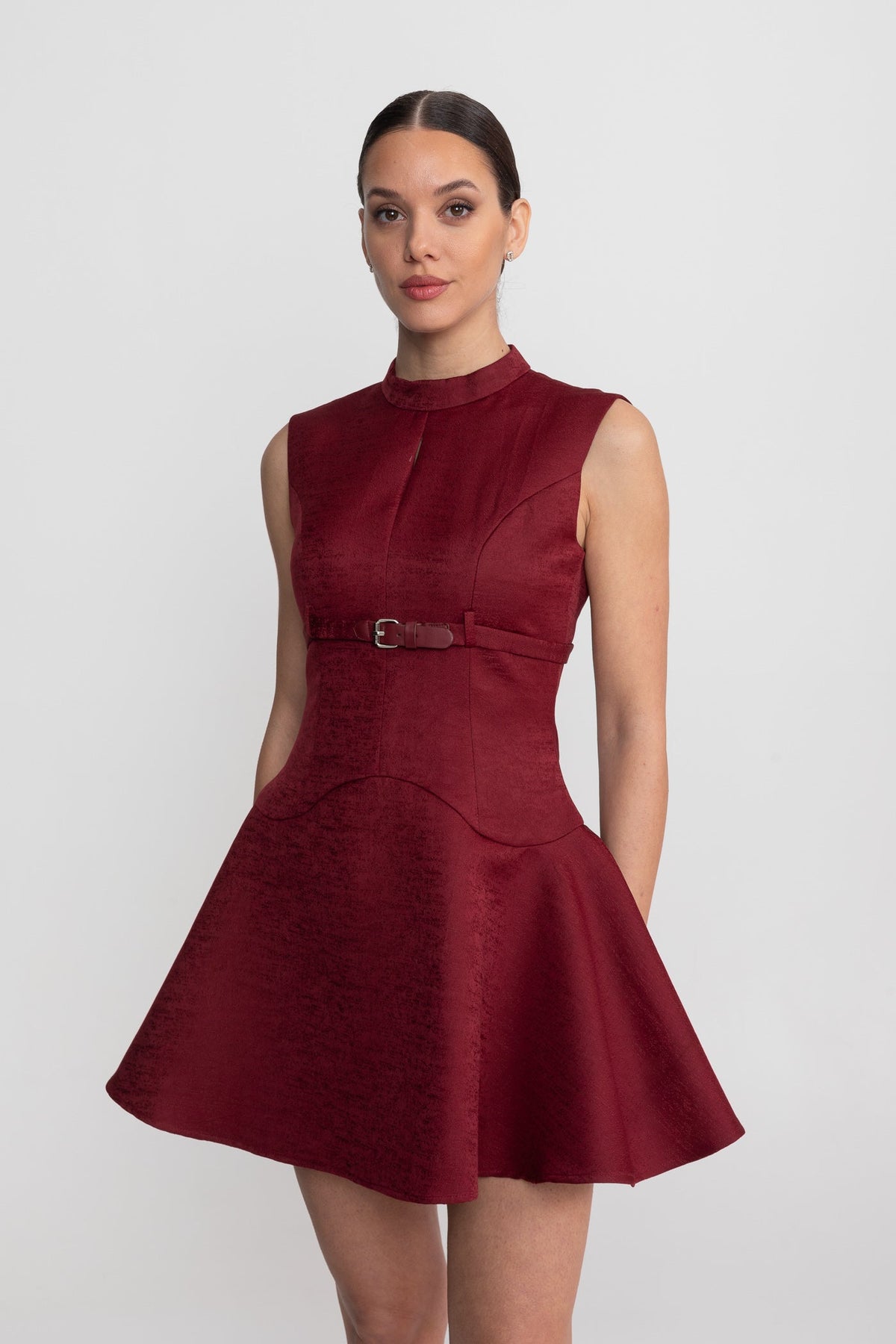Structured Sleeveless Mock Neck Keyhole Belted A-Line Mini Dress - View 6