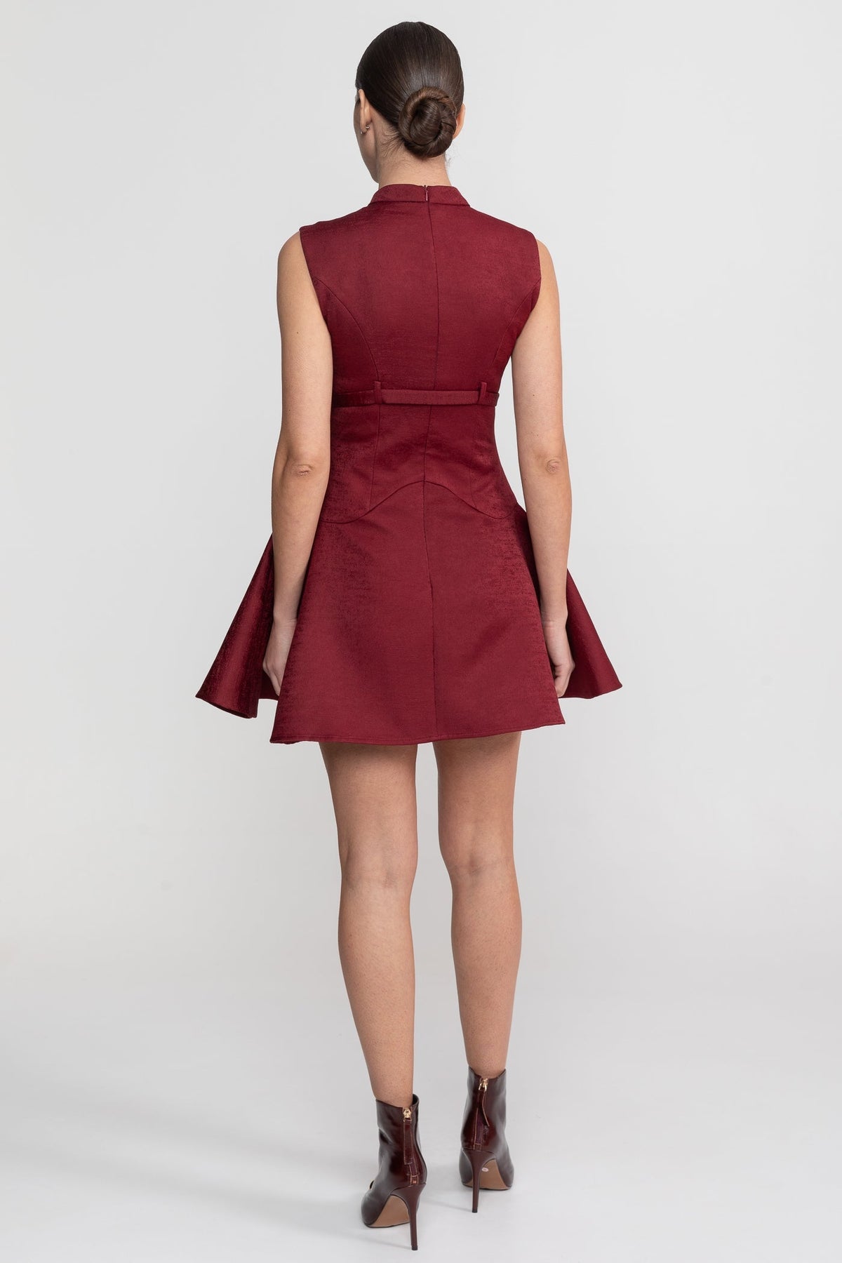 Structured Sleeveless Mock Neck Keyhole Belted A-Line Mini Dress - View 8