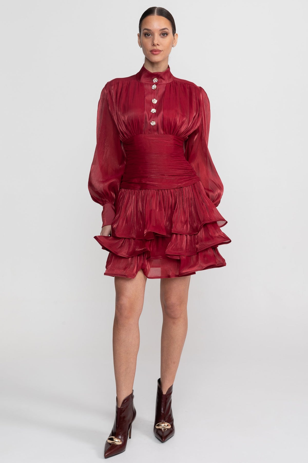 Draped Long Sleeve Mini Dress With Tiered Ruffle Skirt - Red - View 6