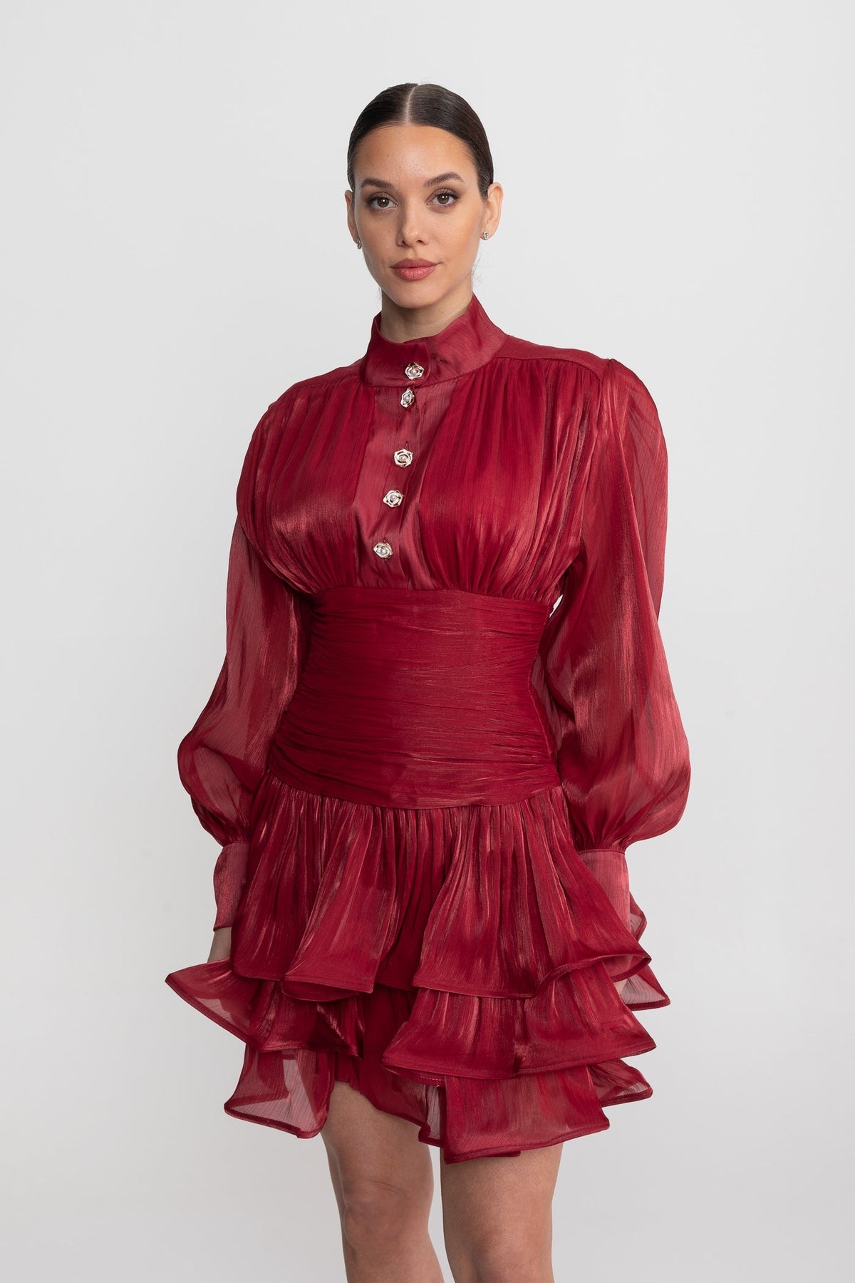 Draped Long Sleeve Mini Dress With Tiered Ruffle Skirt - Red - View 5