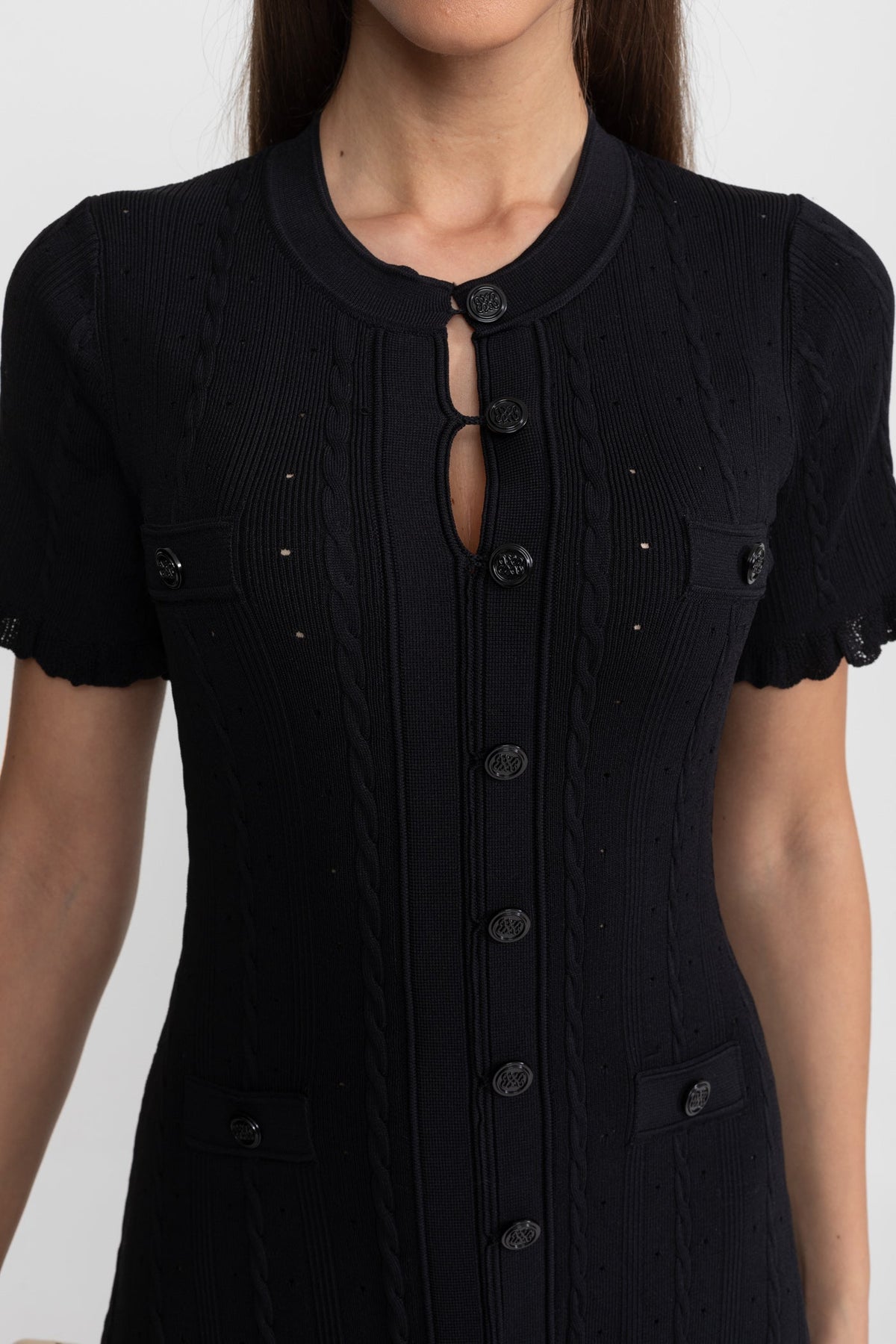 Knit Button-Front Midi Dress with Scalloped Sleeves – Black - View 4