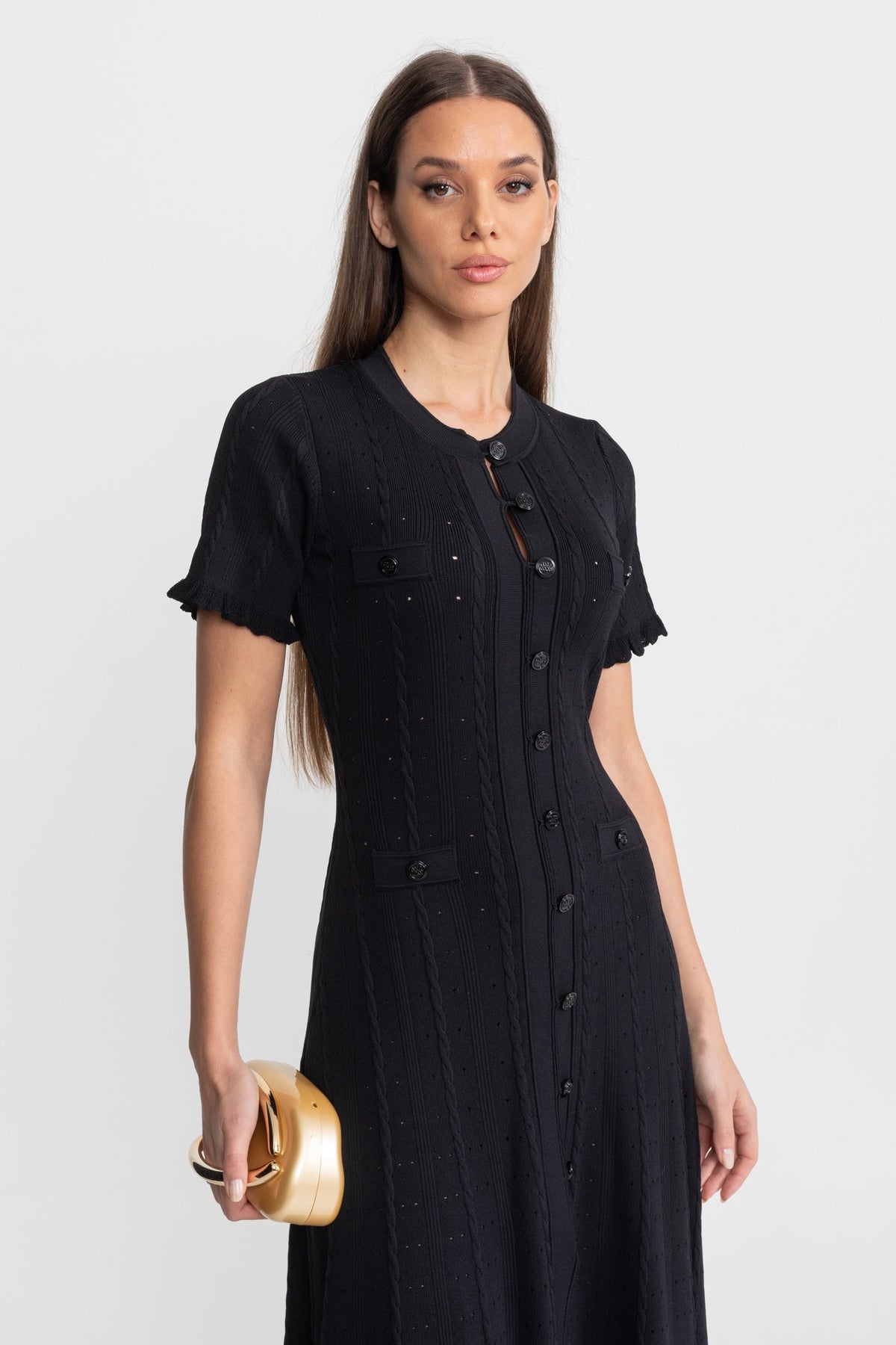 Knit Button-Front Midi Dress with Scalloped Sleeves – Black - View 3