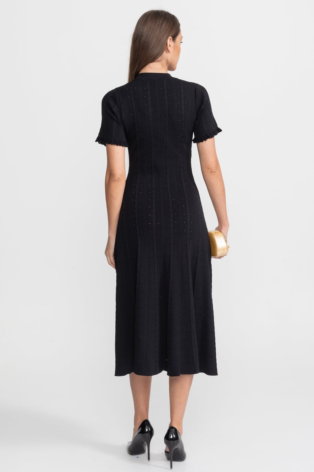 Knit Button-Front Midi Dress with Scalloped Sleeves – Black - View 5