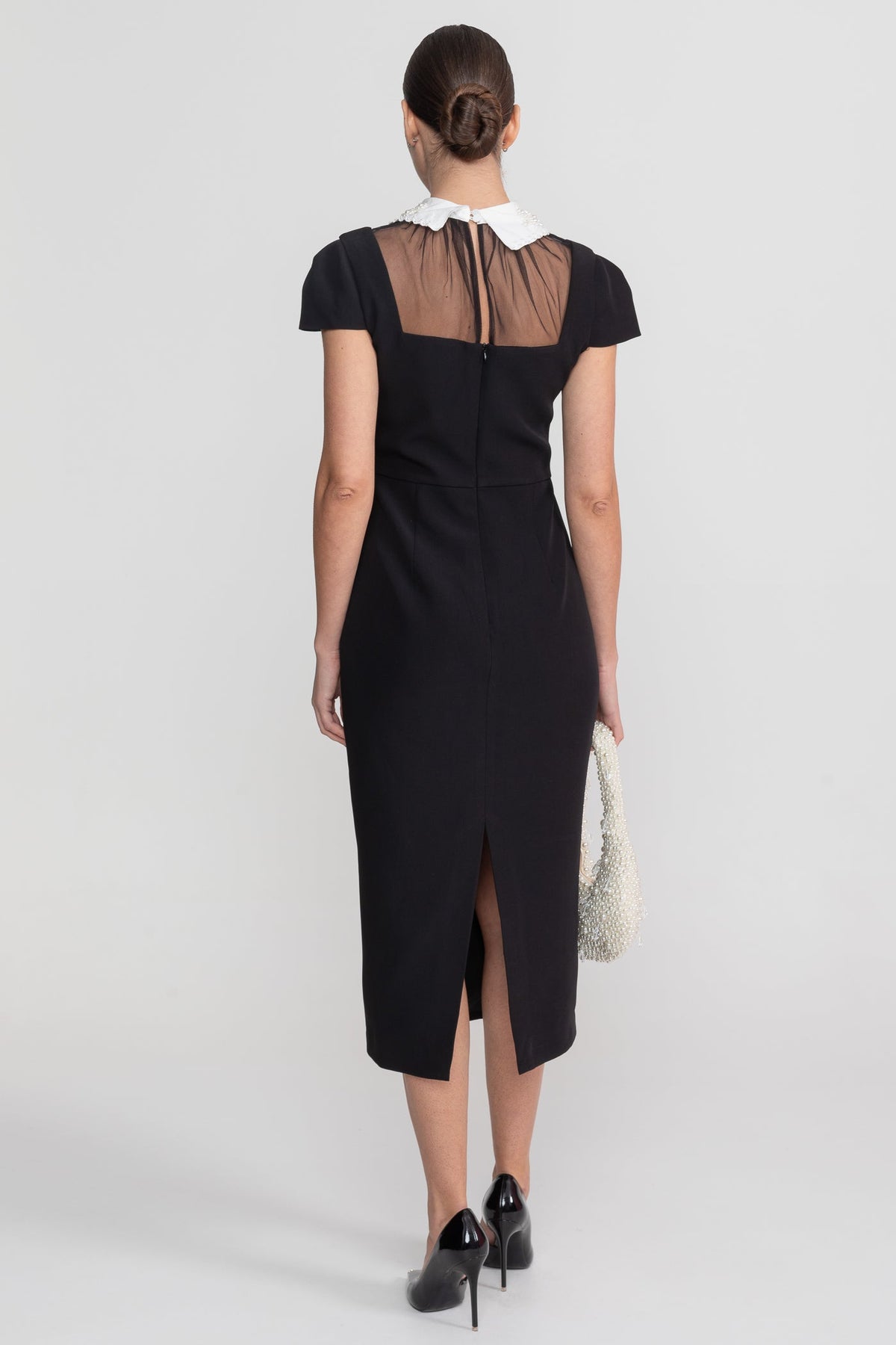 Cap Sleeve Midi Dress With Lace Collar Tie Detail - Black - View 6