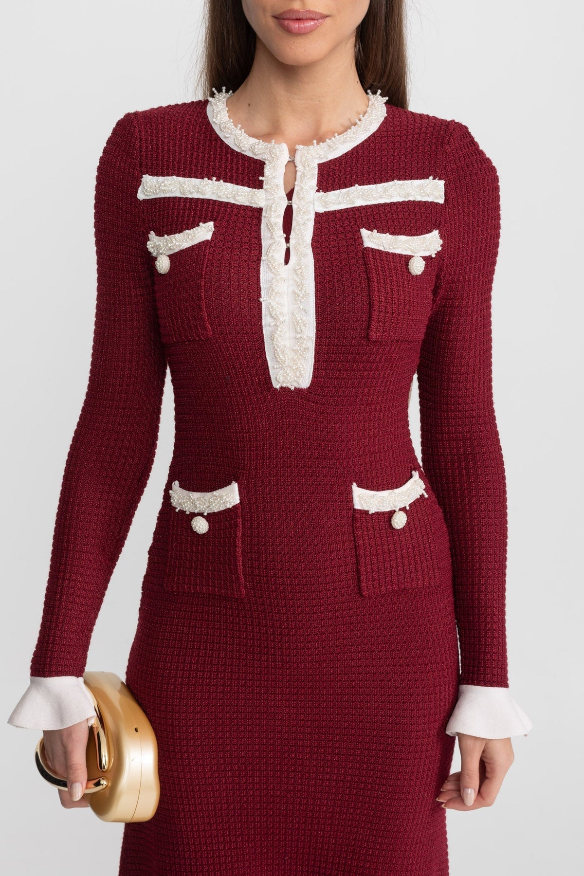 Knit Contrast Trim Ruffle Cuff Patch Pocket Long Sleeve Midi Dress - View 7