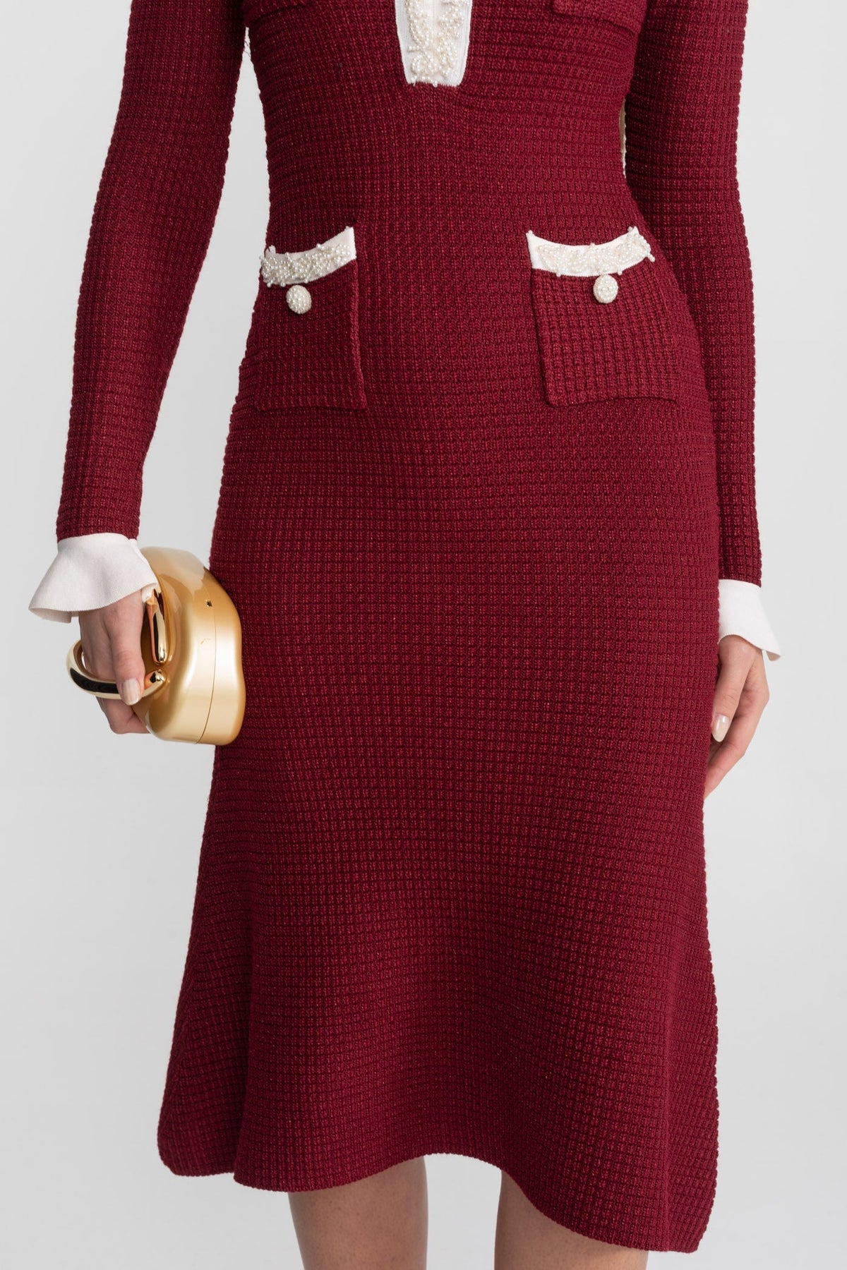 Knit Contrast Trim Ruffle Cuff Patch Pocket Long Sleeve Midi Dress - View 8