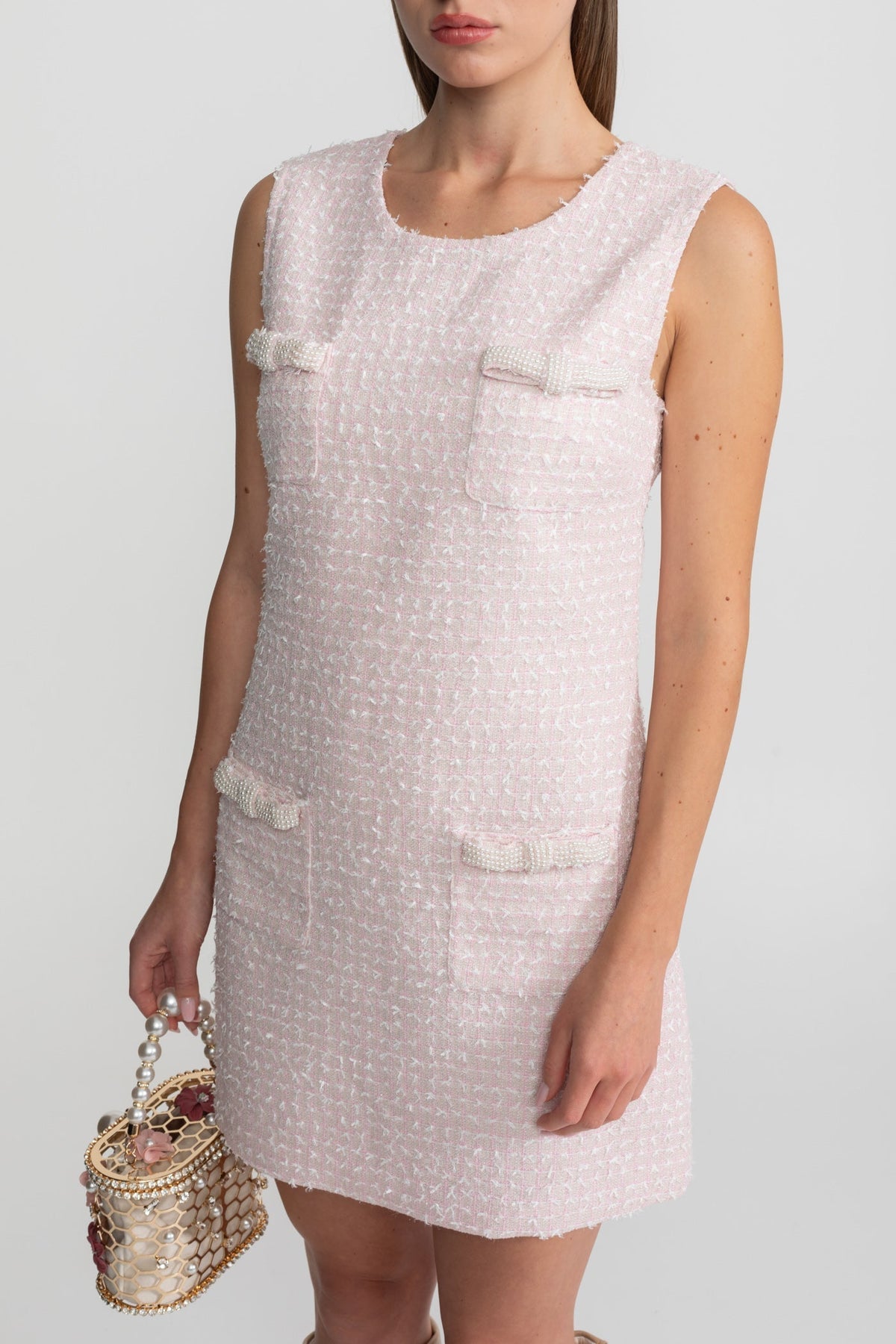 Sleeveless Round Neck Fringed Edge Bow Pocket Tweed Mini Dress - View 9