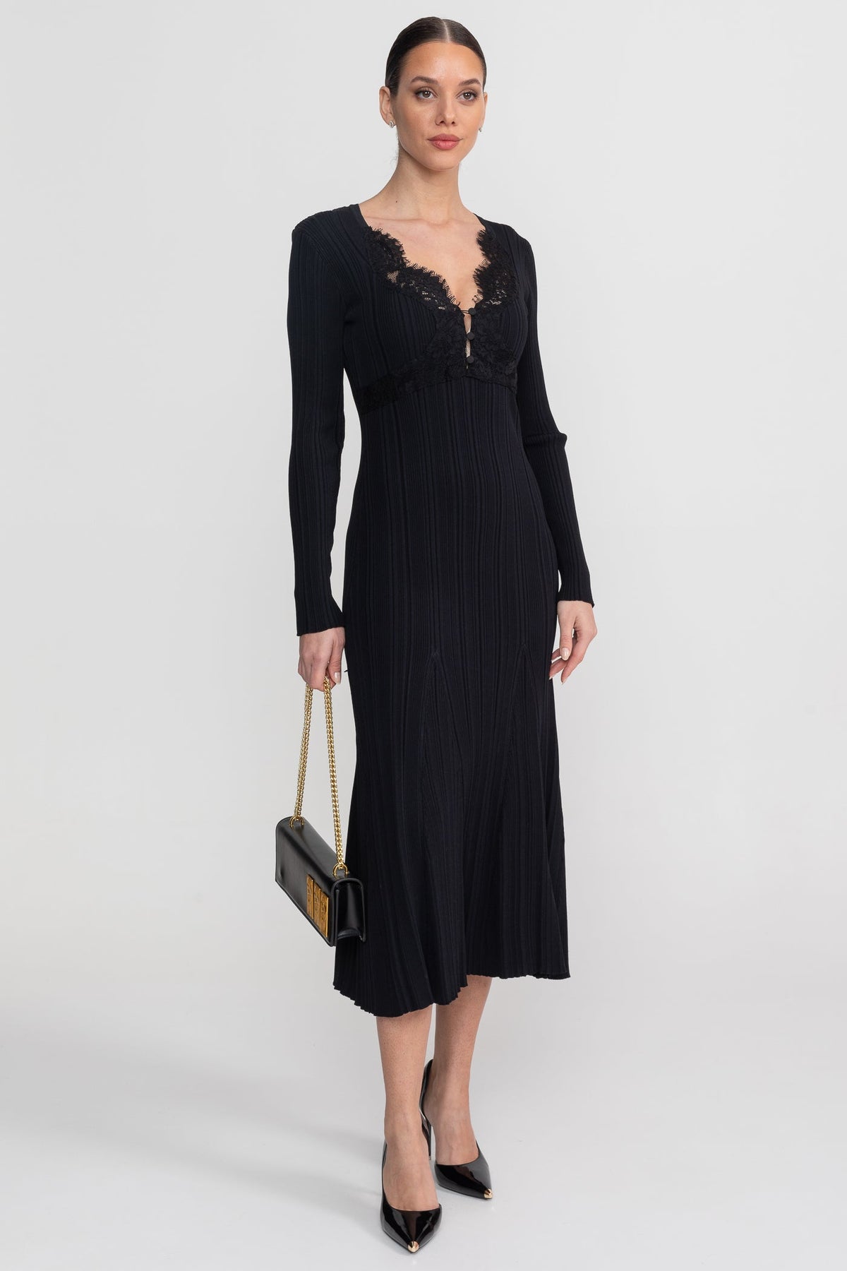 Ribbed Long Sleeve Midi Dress With Lace-Trim V-Neckline - Black - View 5